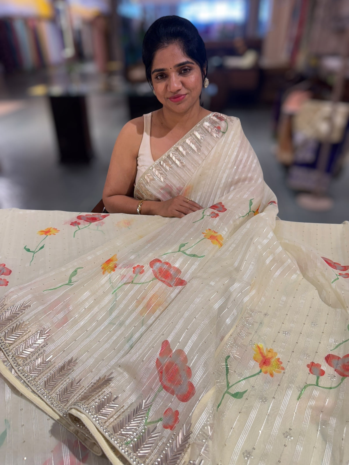 Paste yellow handpainted Organza with handwork