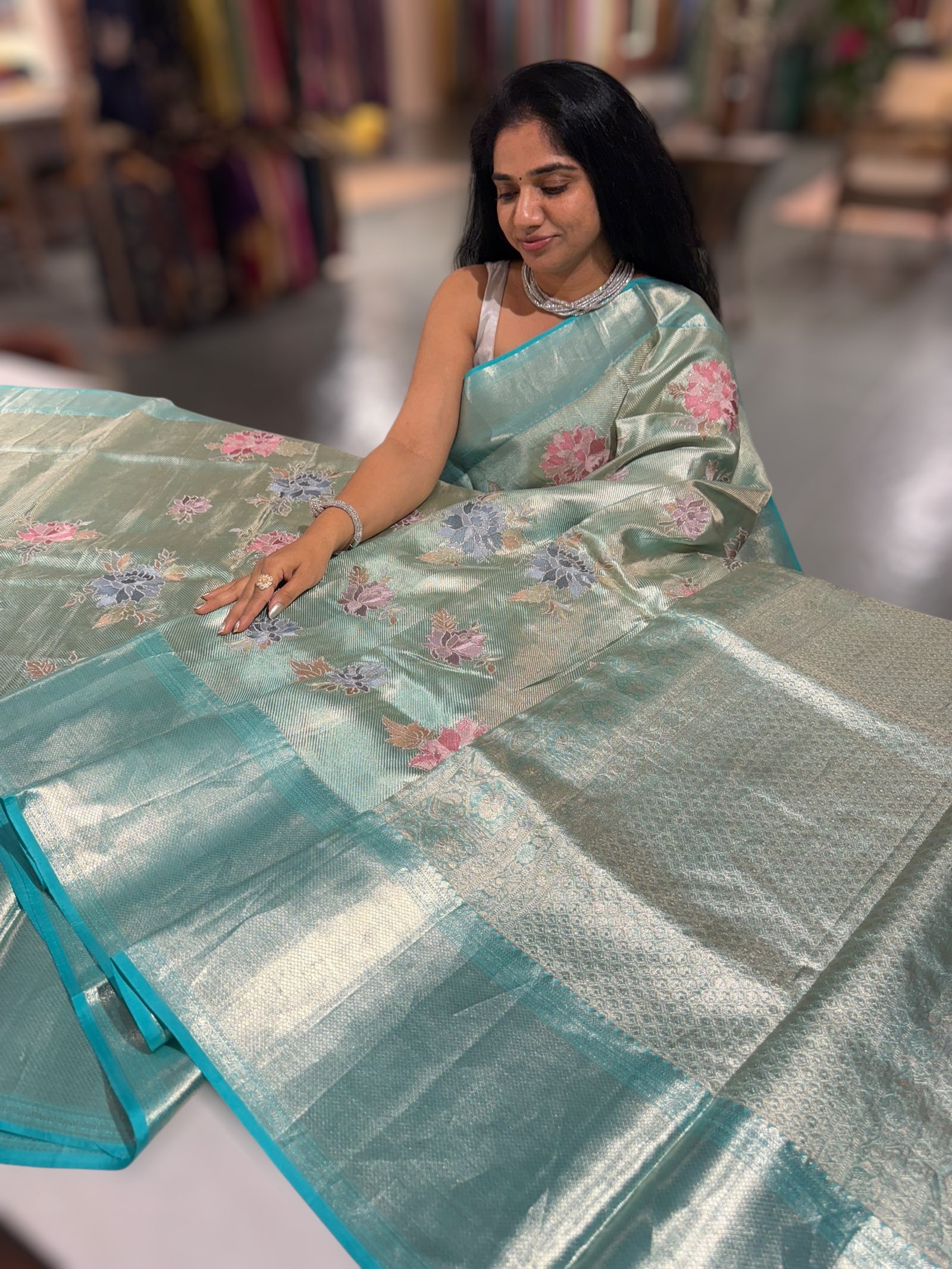 Mint Blue Designer Kanchi Saree with allover embroidery