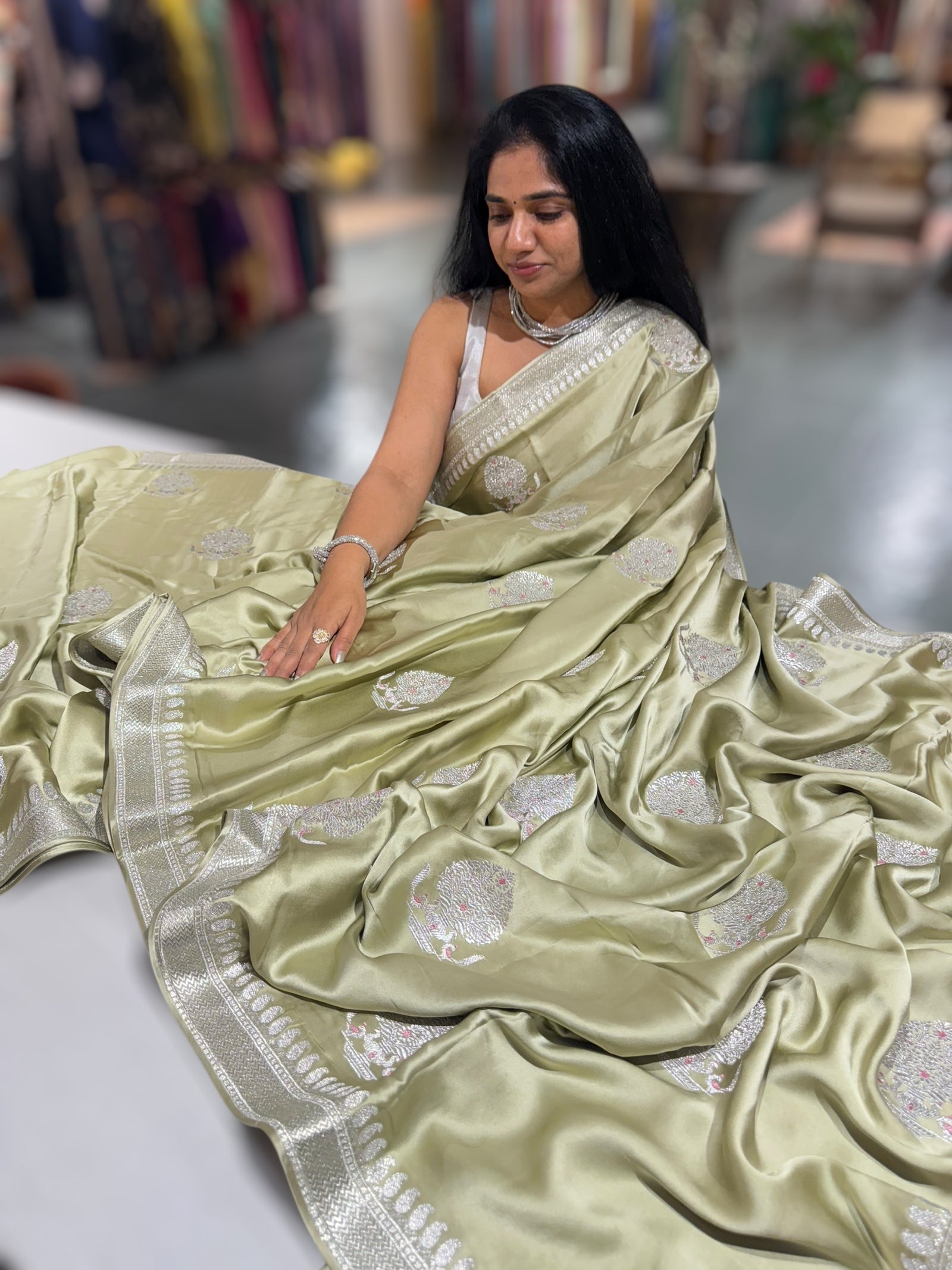 Light Pista Pure Satin Saree with Embroidery.