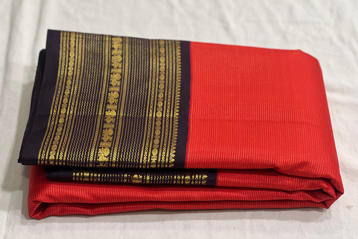 Orange & Dark Brown Combo Vaira Oosi Stripes Vintage Kanjeevaram Saree