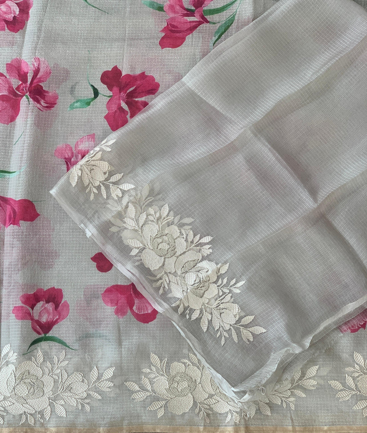Dusty Grey Designer printed Silk kota saree with floral embroidered border