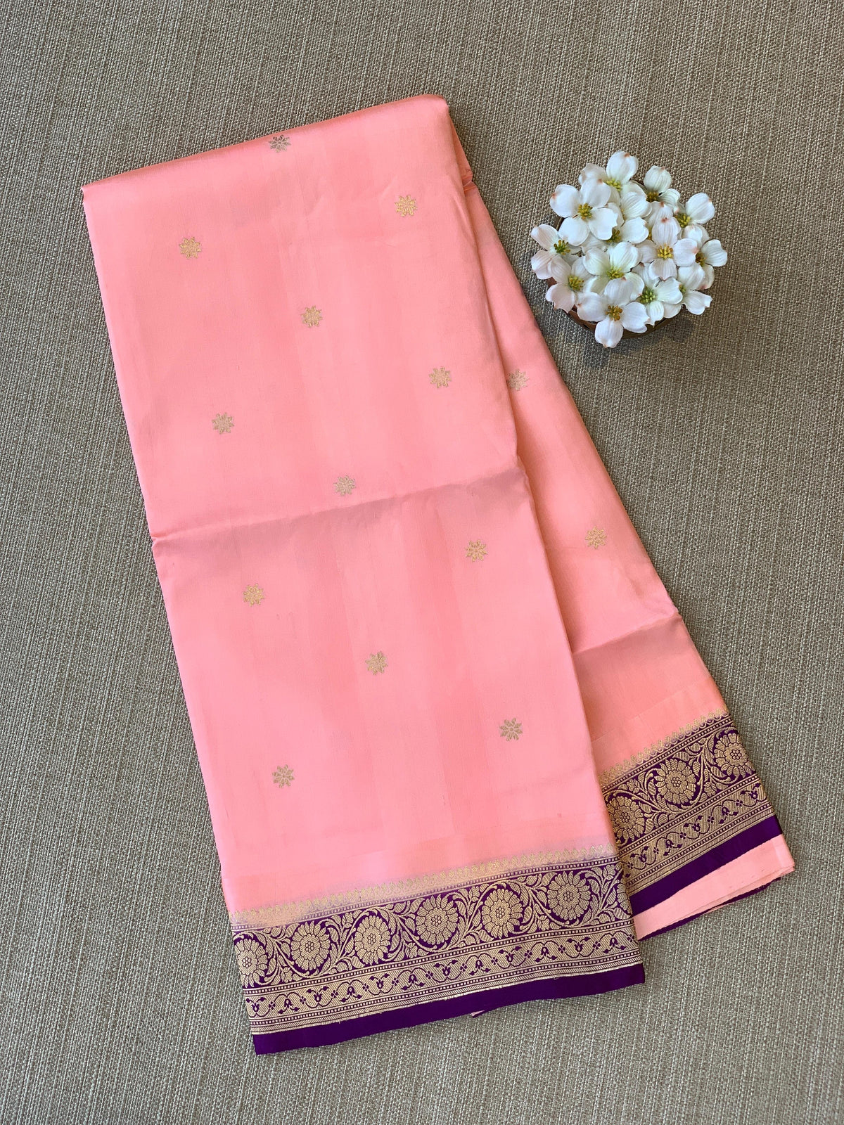Peach Pink & Purple Combo Poona Silk Saree with heavy weaving mashru border & kaduwa woven motifs.