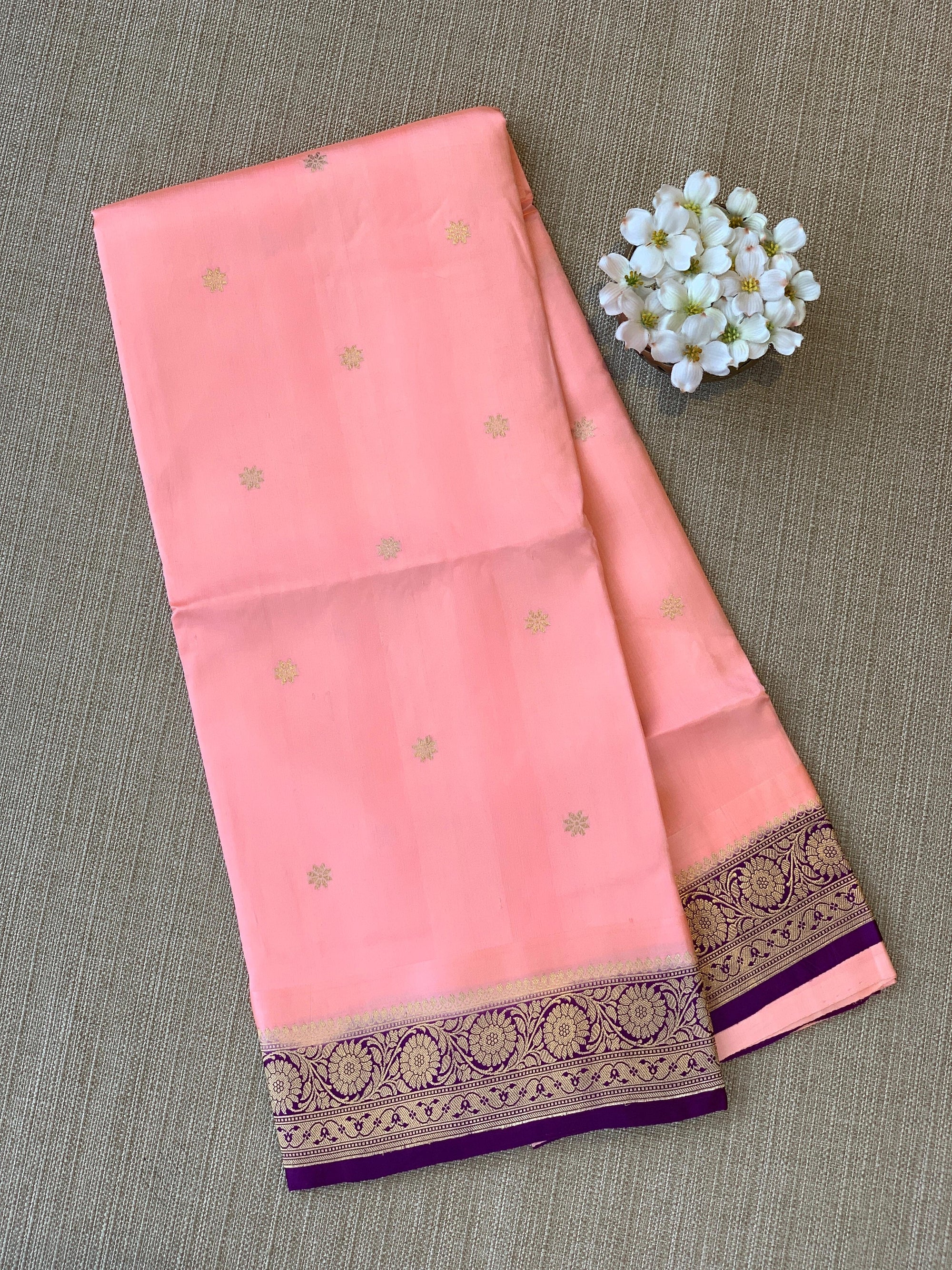 Peach Pink & Purple Combo Raw Mangoe Silk Saree with heavy weaving mashru border & kaduwa woven motifs.