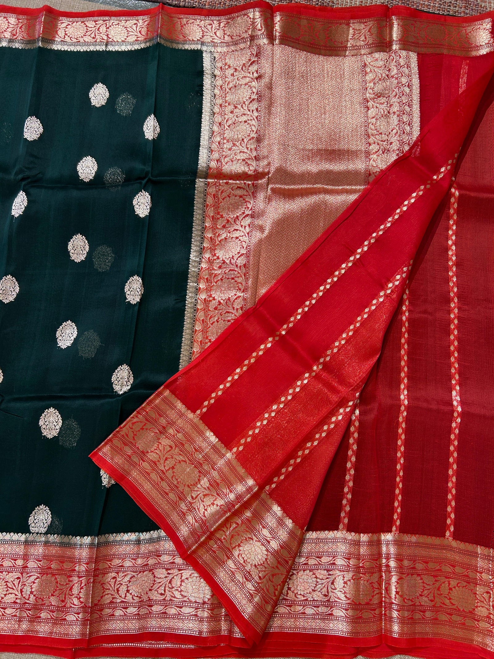 Bottle Green & Red Combo Pure Handloom premium Kora Banarasi Saree
