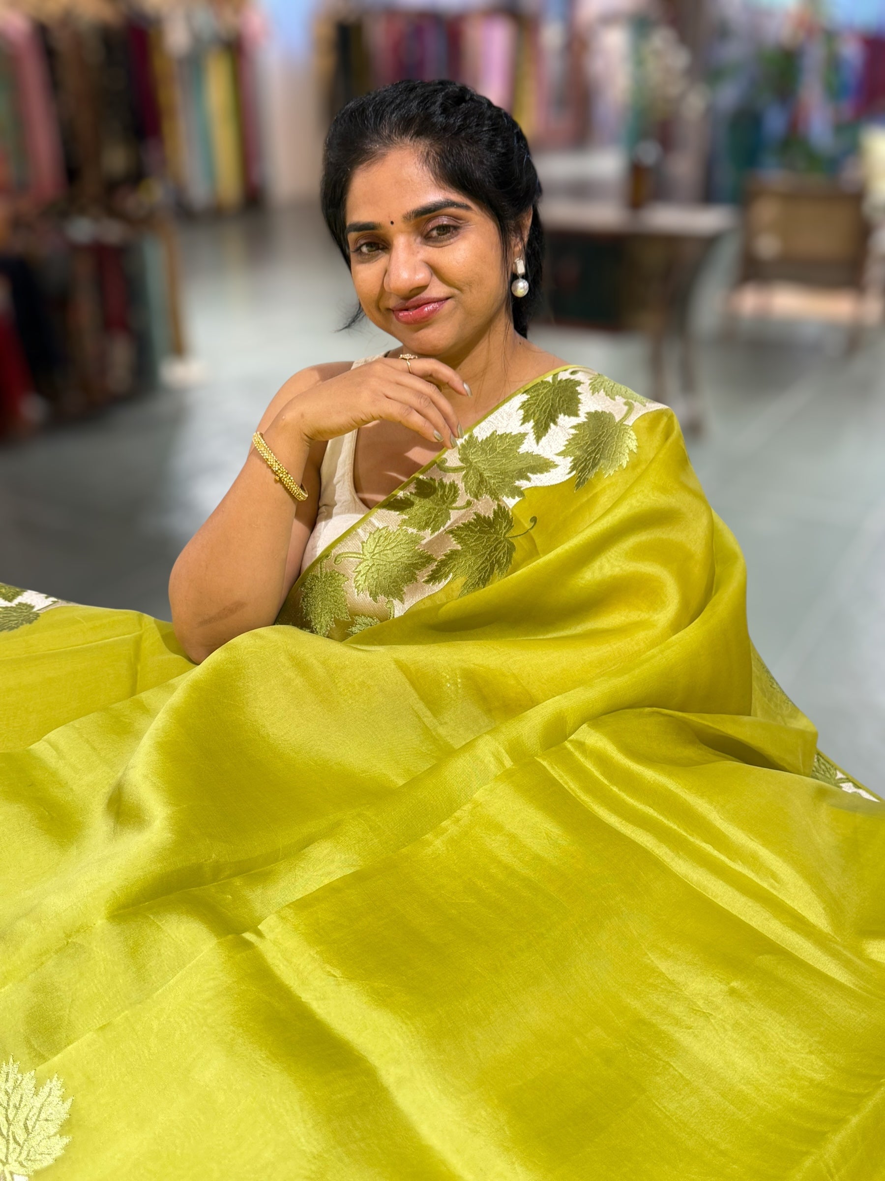 Lime Green Organza Saree with Stunning Leaf Embroidered Border