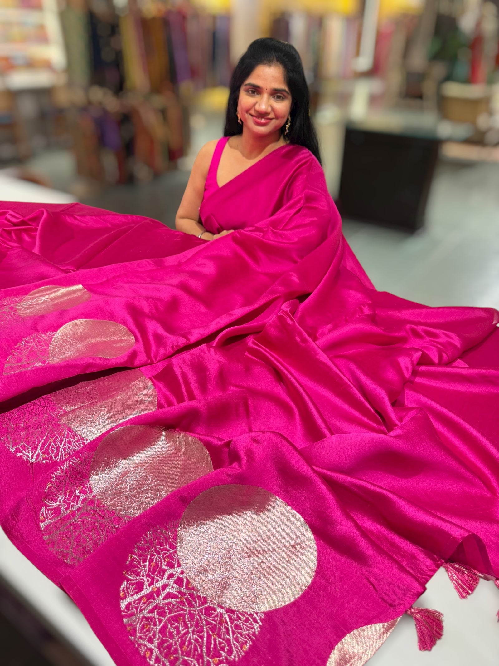 Rani pink Banarasi Chiniya Silk with contemporary Borders