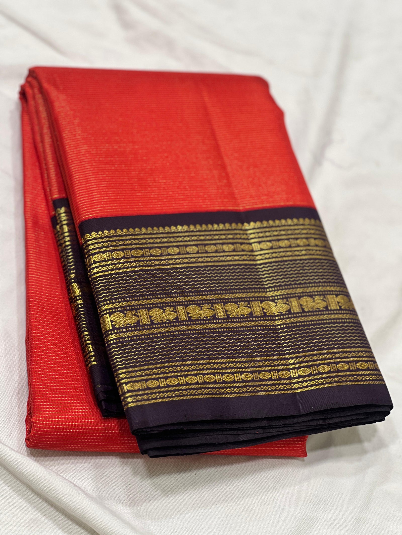 Orange & Dark Brown Combo Vaira Oosi Stripes Vintage Kanjeevaram Saree