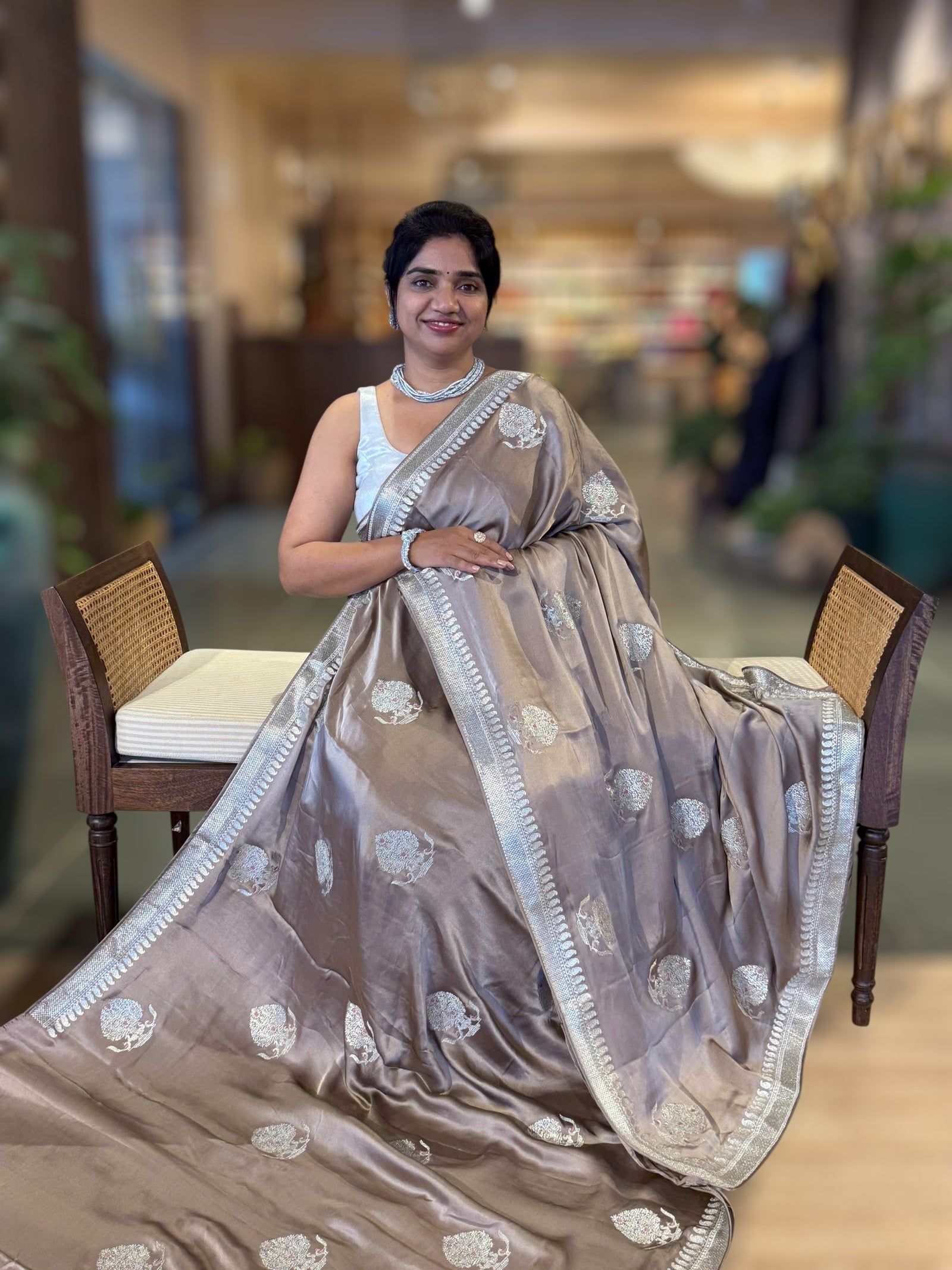 Earthy Tone Satin Saree with Embroidery.