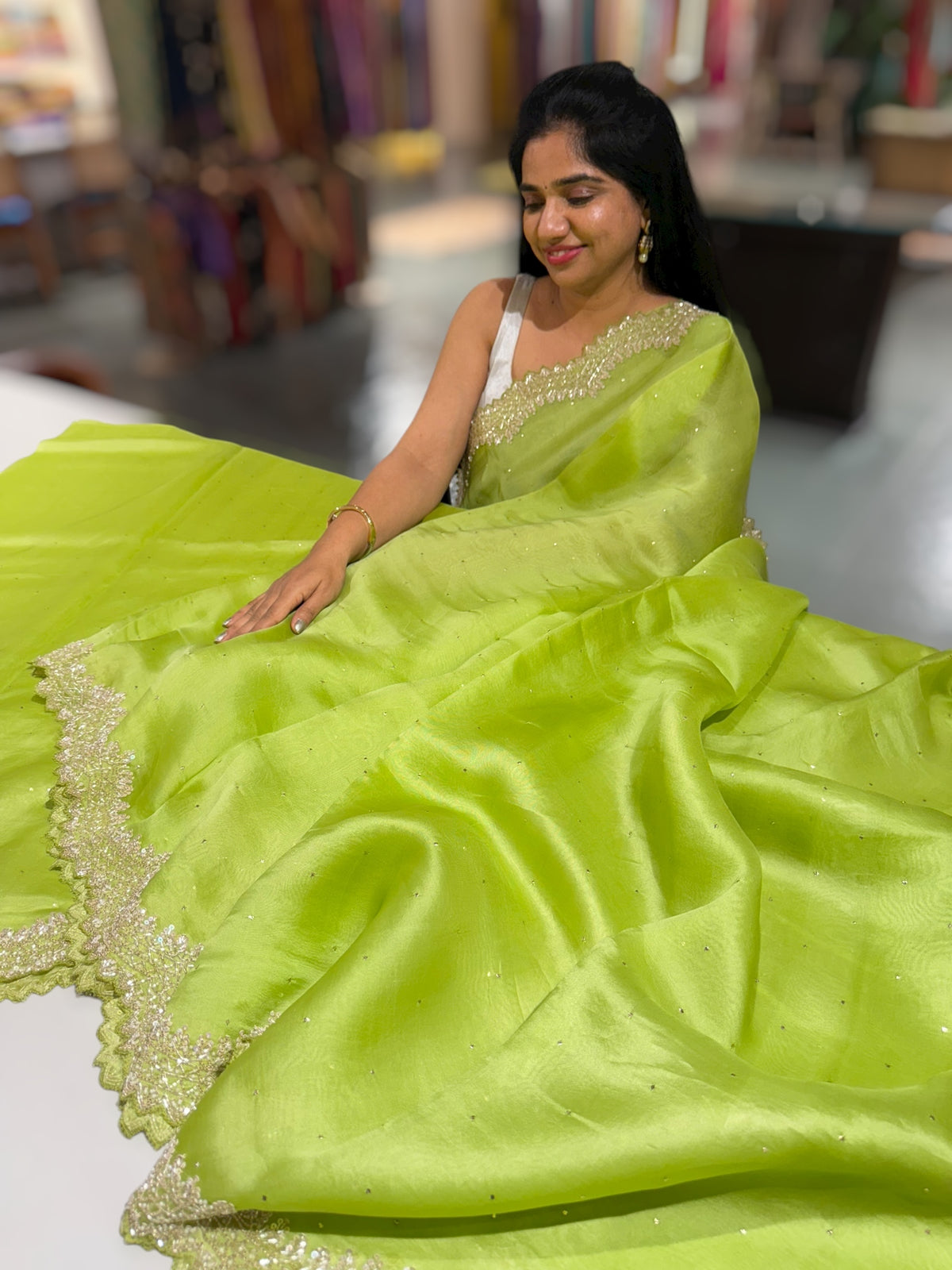 Apple Green Pure Organza Handwork Saree with heavy Designer Blouse