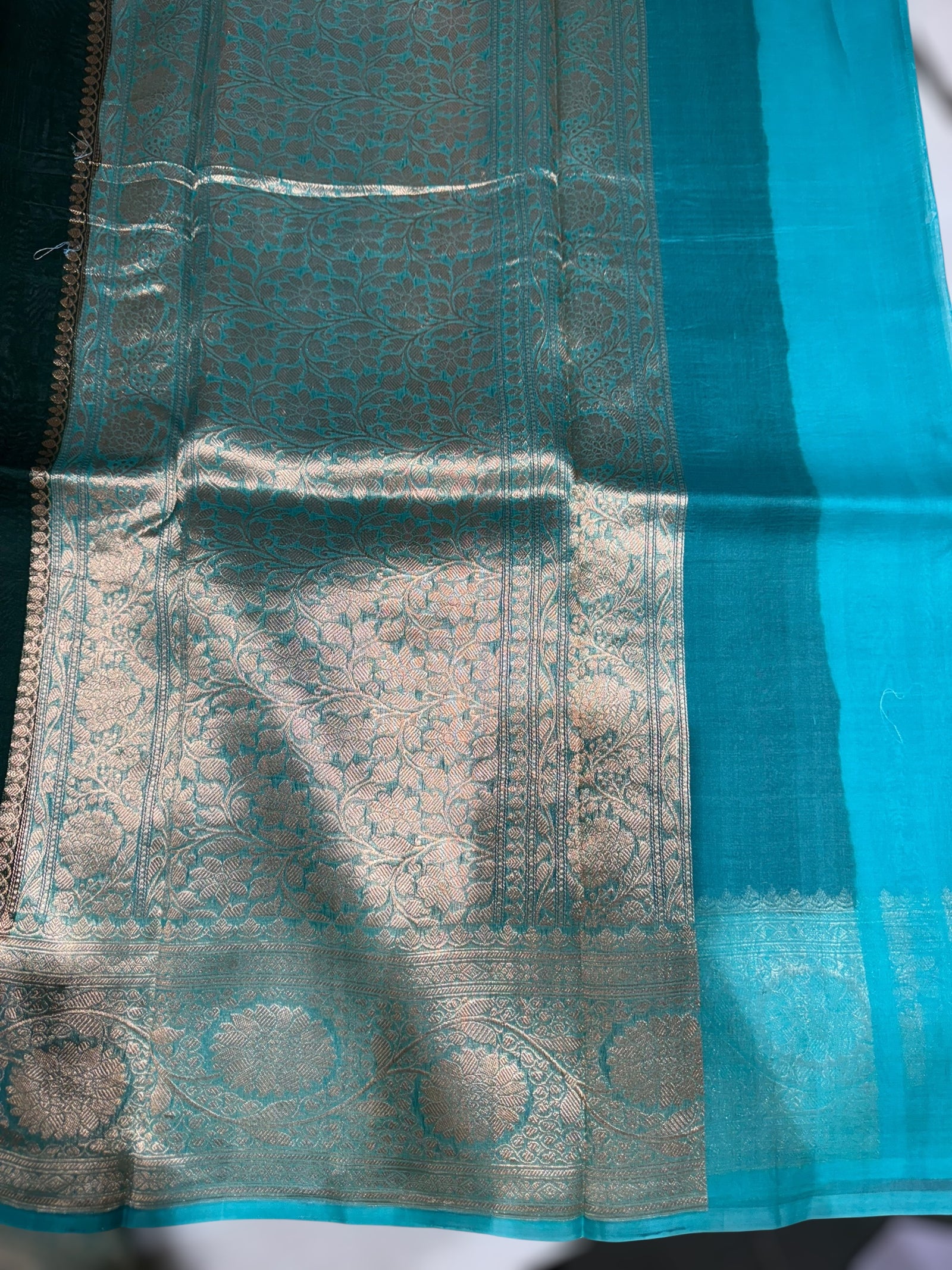 Forest Green & Teal Pure Handloom premium Kora Banarasi Saree