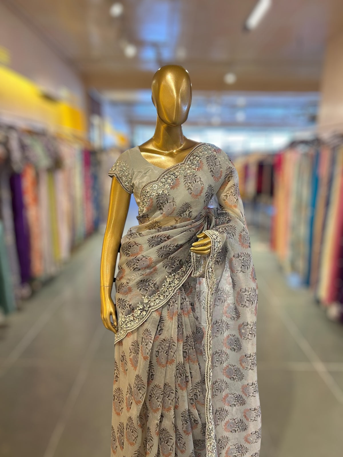 Grey Organza Sabhyasachi printed saree with handwork border paired  with ready to wear blouse