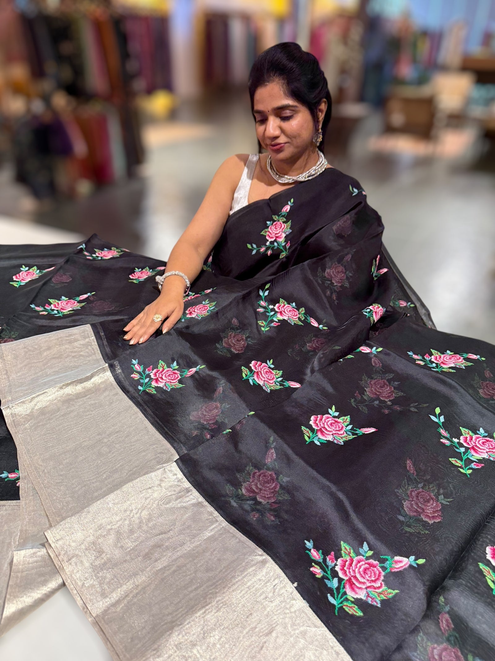 Black Pure Organza Saree with pure Tissue Border
