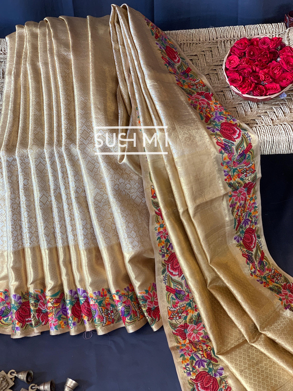 Gold Kanjeevaram Tissue Sareewith petite point embroidery : S62F087