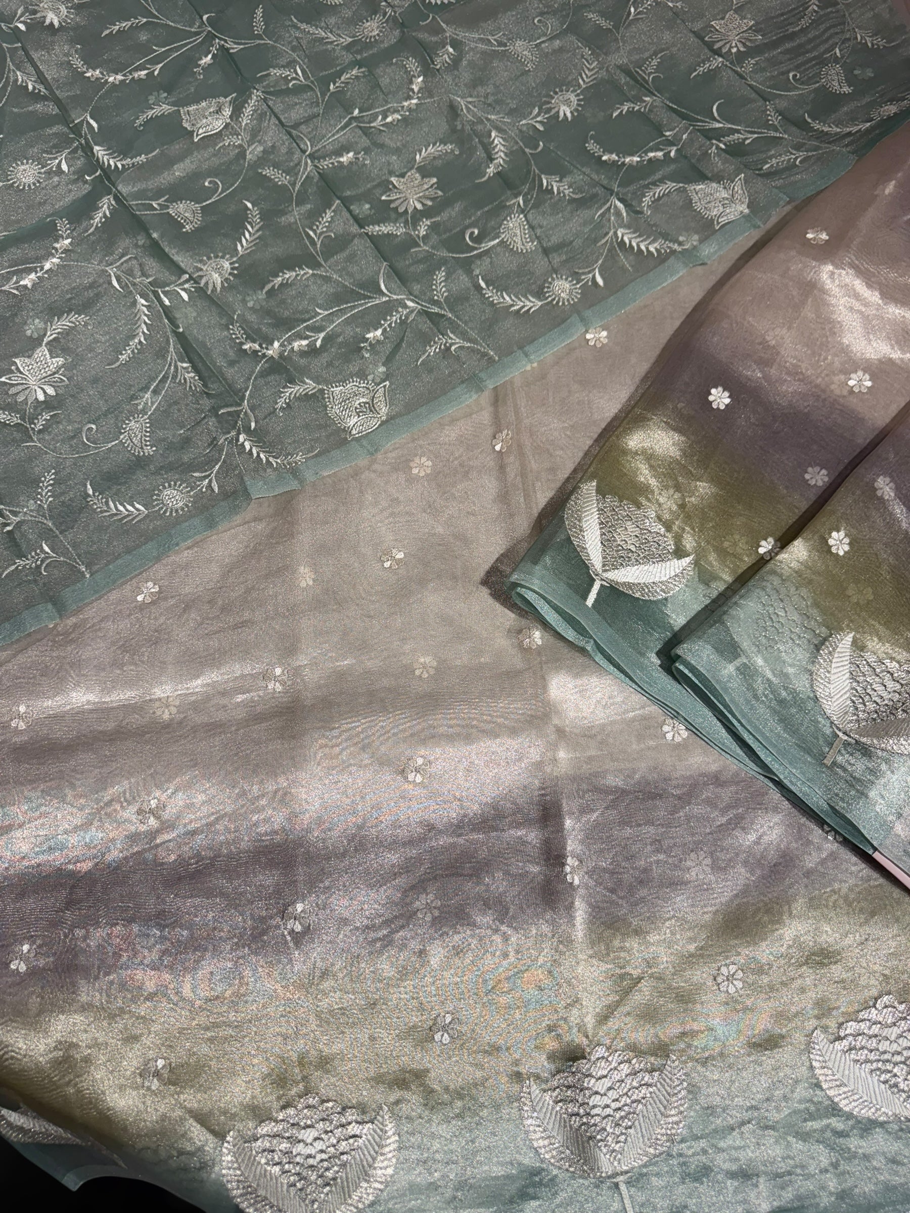 Silver Tissue Saree with ombre dyed Embroidered Border