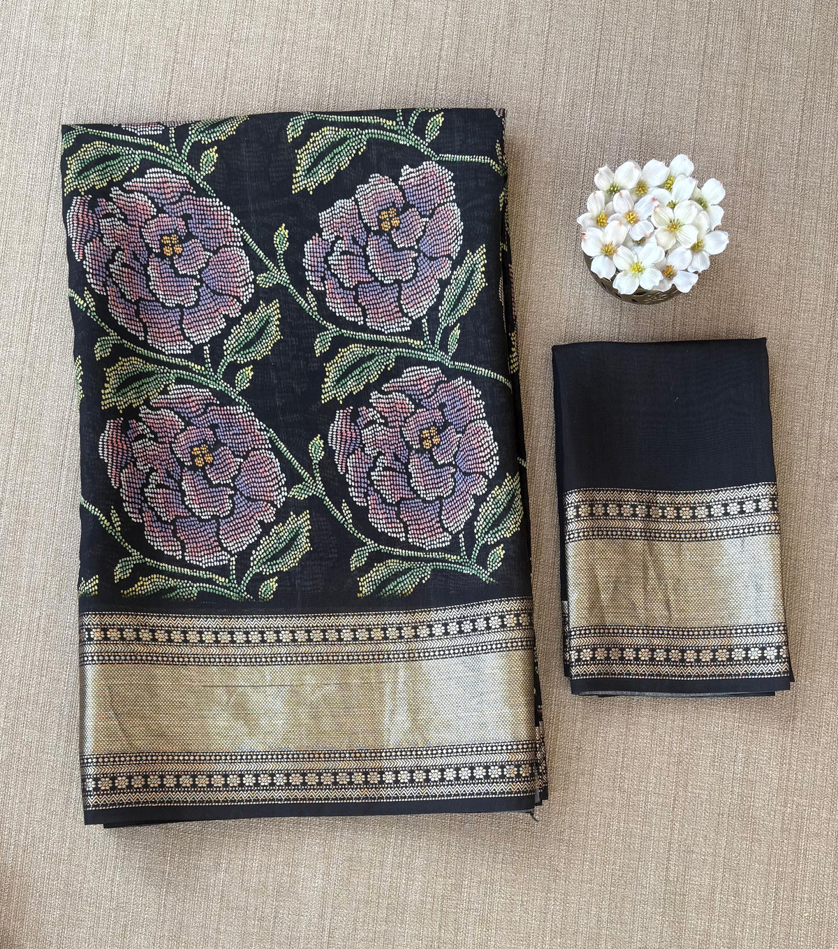 Black Pure Handloom Chiniya Silk Saree with stunning Floral Print and zari borders