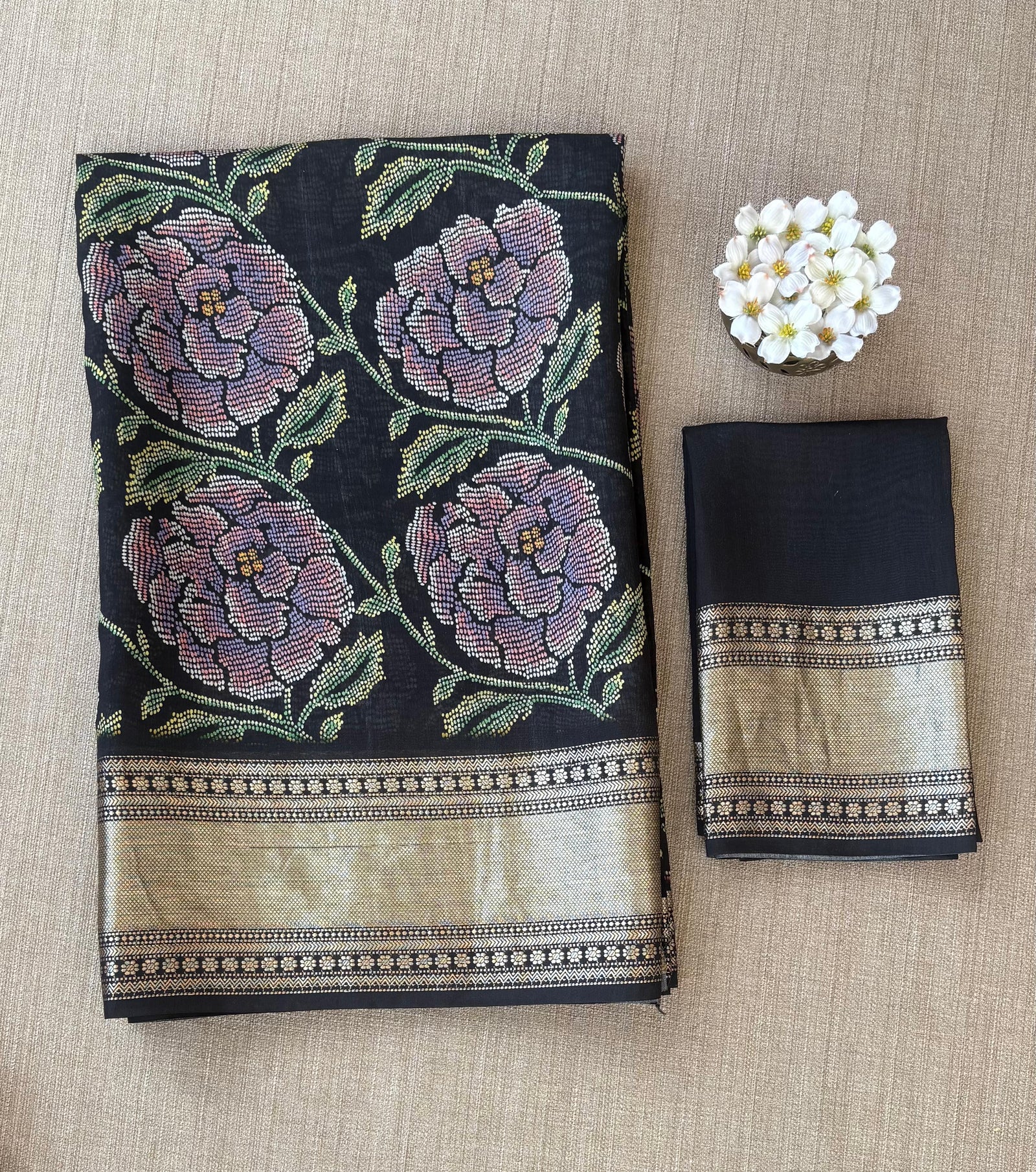 Black Pure Handloom Chiniya Silk Saree with stunning Floral Print and zari borders