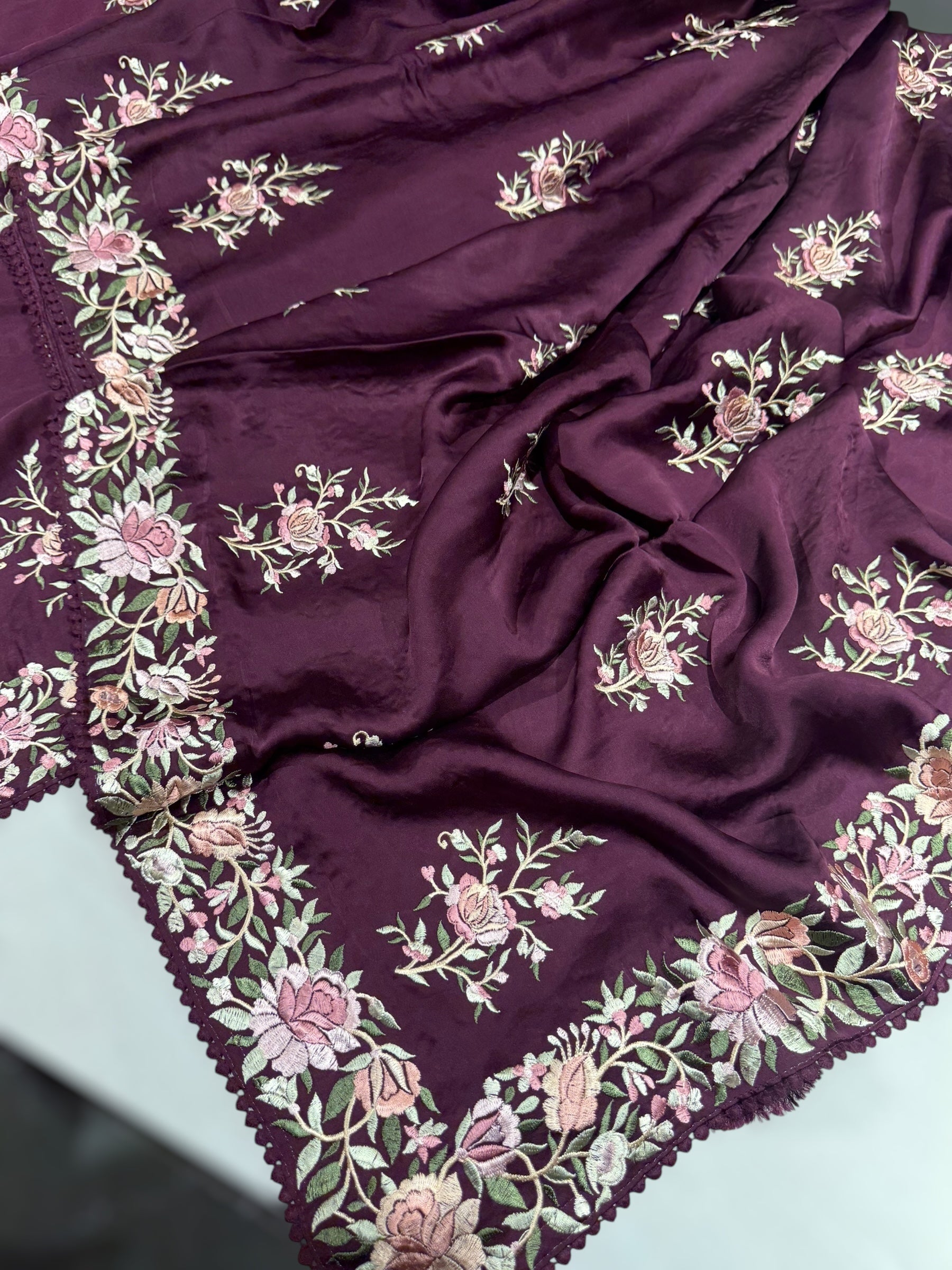 Wine Satin Saree with Parsi Gara embroidery