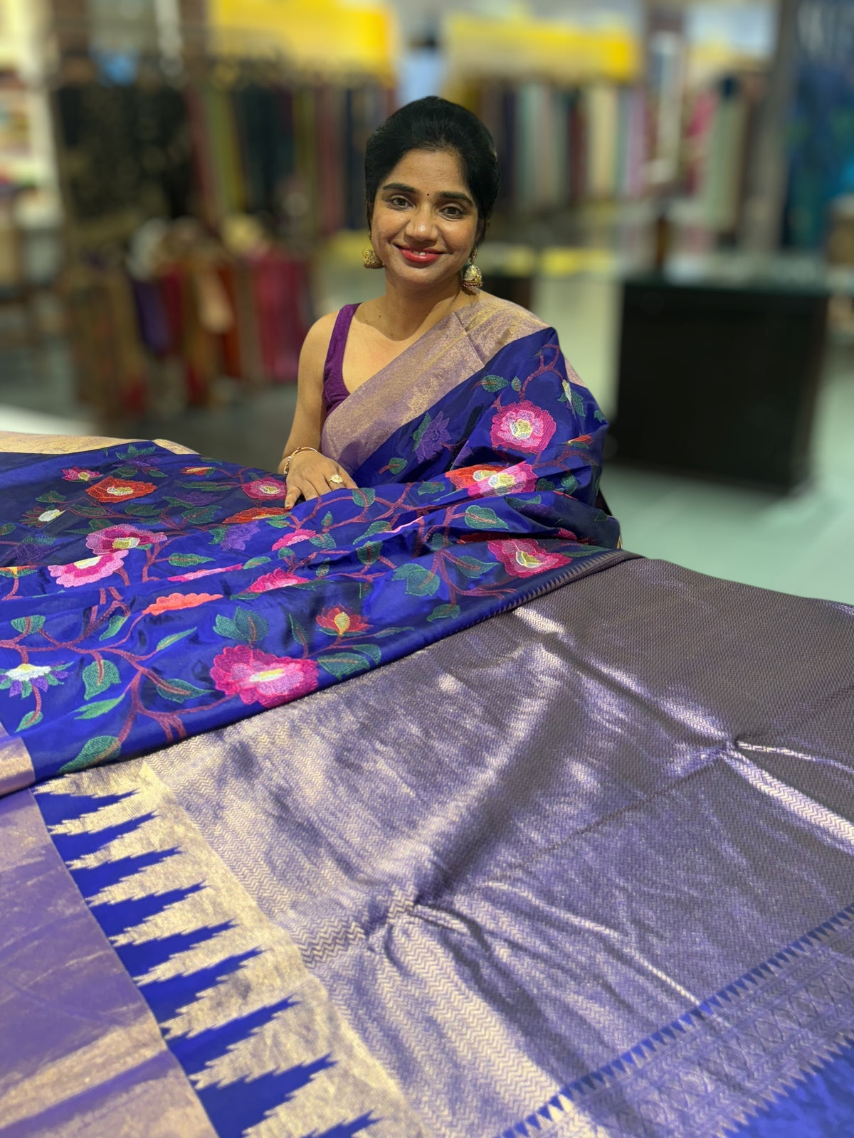 Violet Kanchi Soft Silk Saree with allover jamdani inspired embroidery