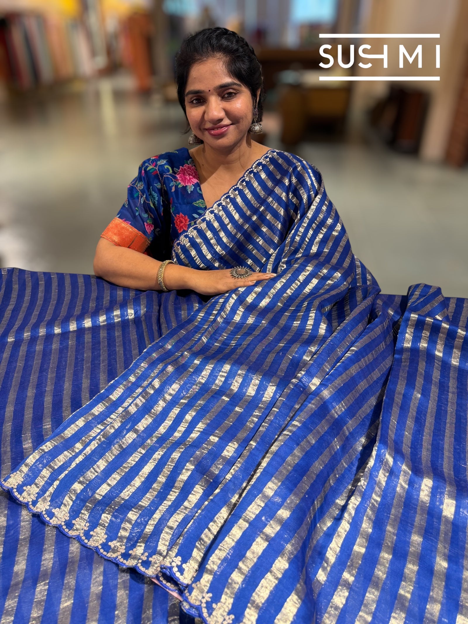 Electric Blue Mul tissue stripes saree with fusion blouse : D62139