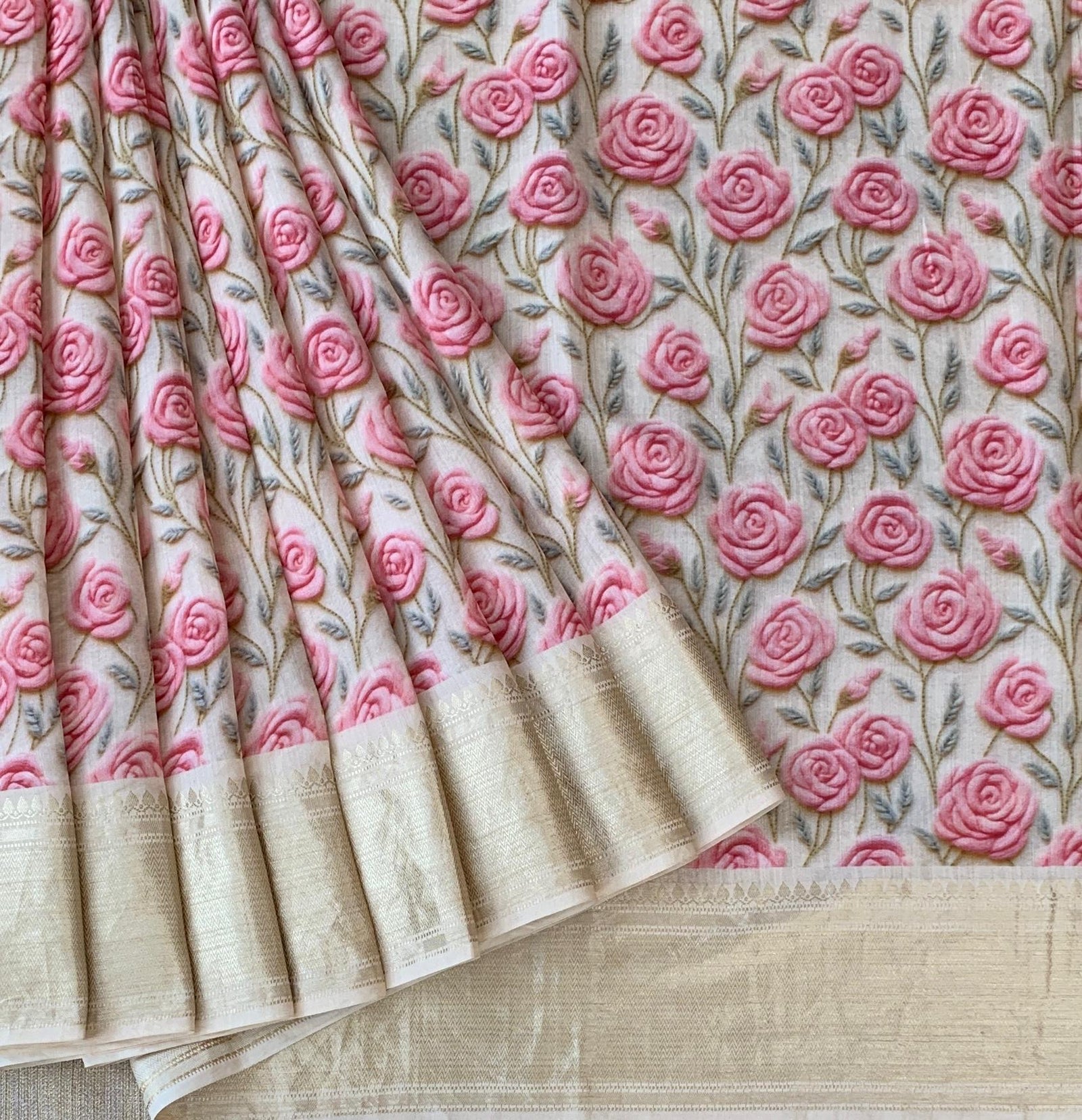 Halfwhite Pure Handloom Chiniya Silk Saree with stunning 3DRose Floral Print and zari borders