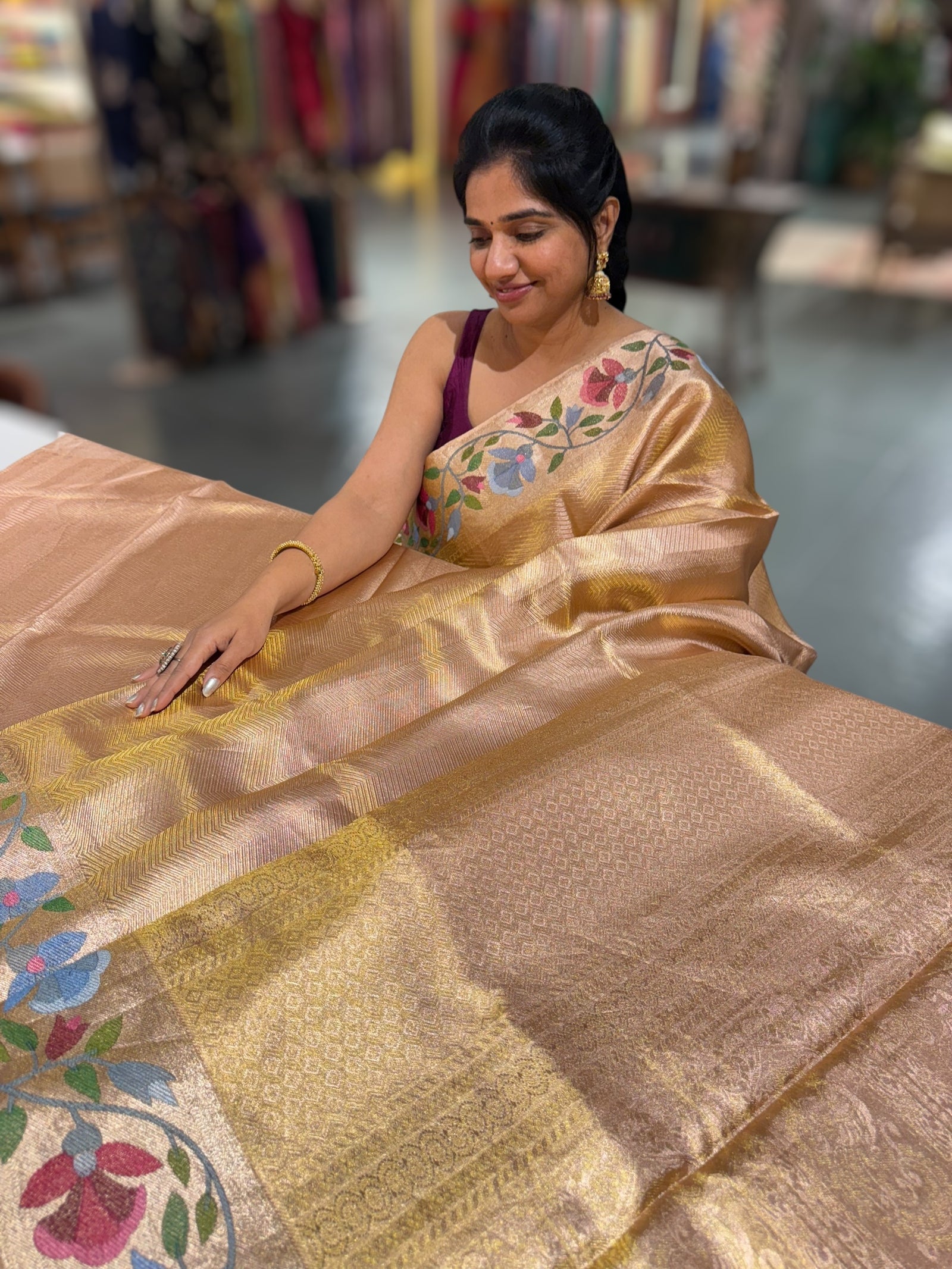 Rose Gold Kanchi Tissue Brocade Saree With jamdani inspired embroidery.