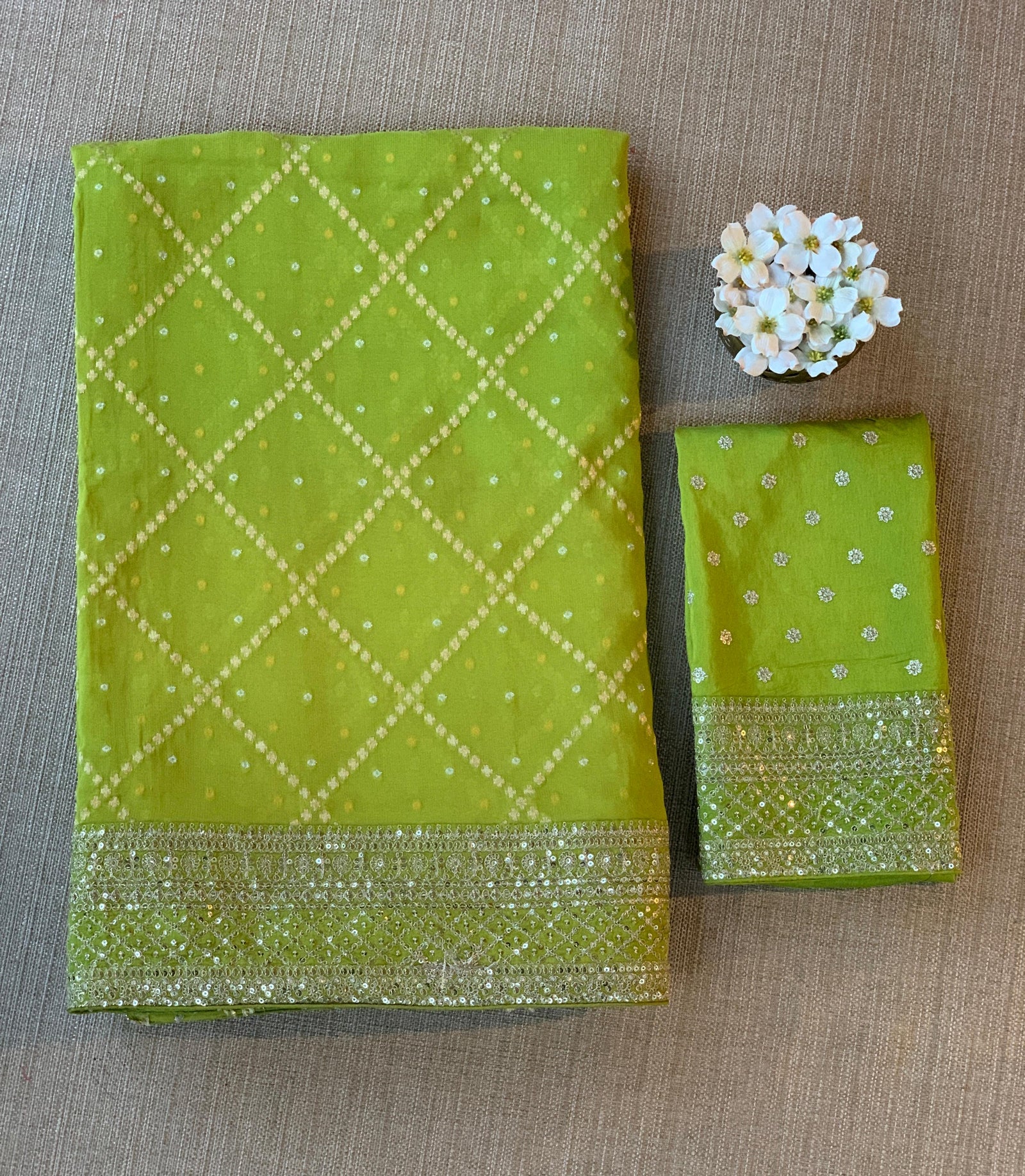 Parrot Green Fancy Banarasi Bandhini georgette saree with sabhyasachi borders and blouse