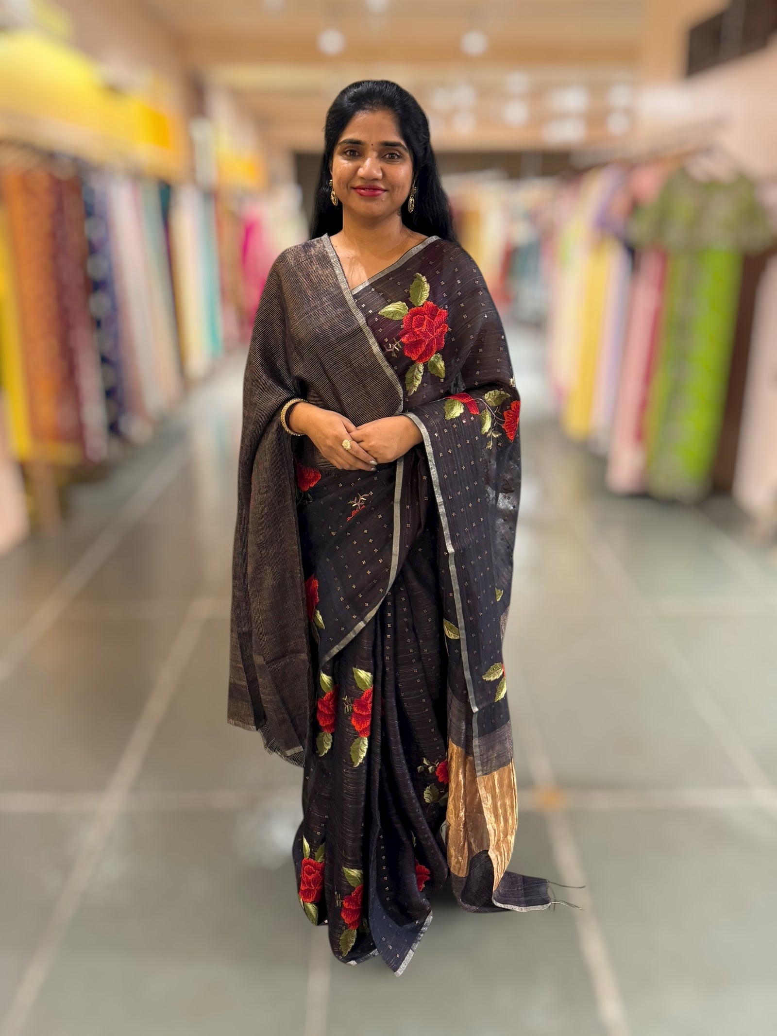 Darkest Midnight Blue Tussar Kota Saree with embedded sequnce and hibuscus flower embroidery