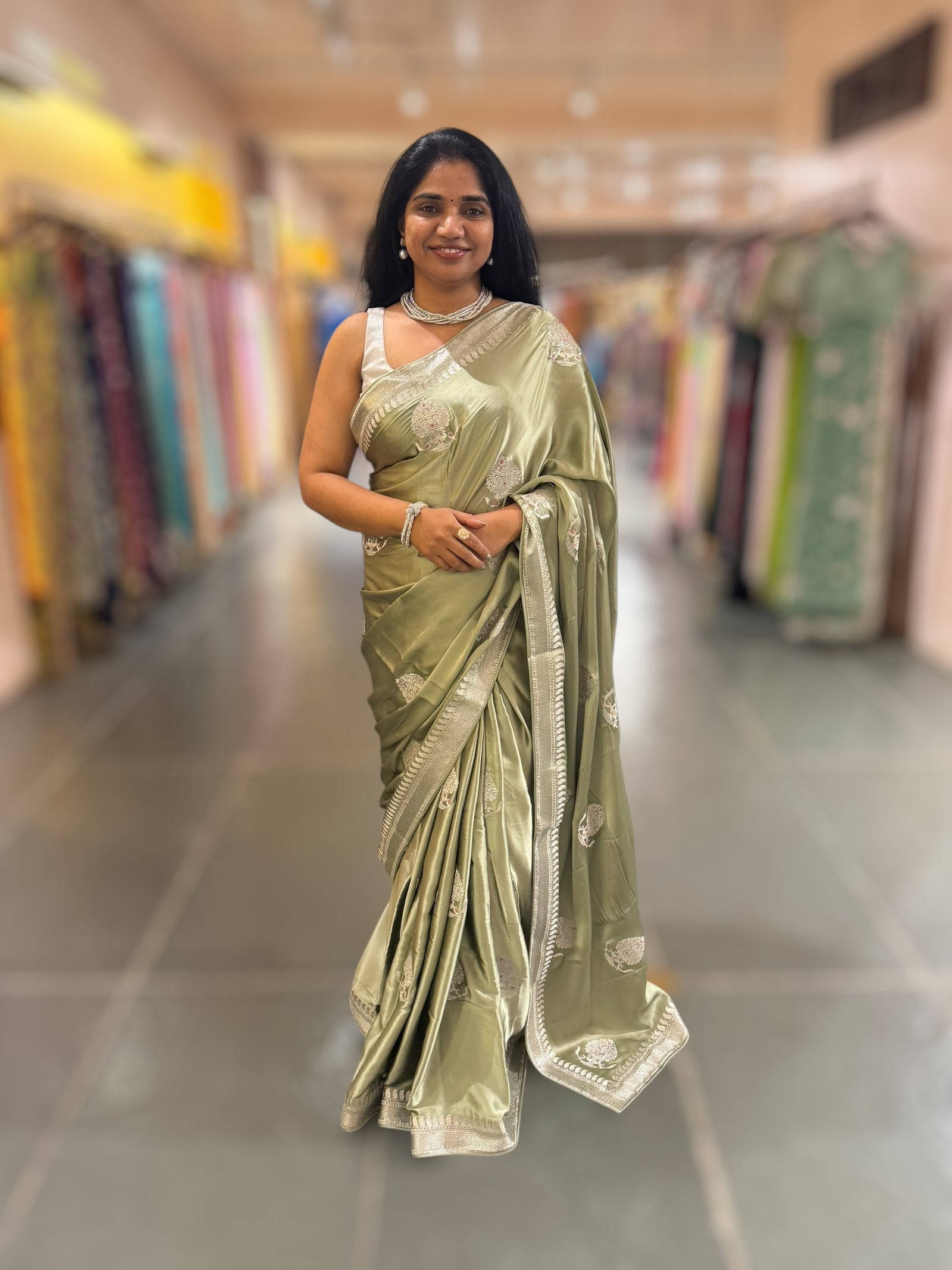 Dark Pista Satin Saree with Embroidery.