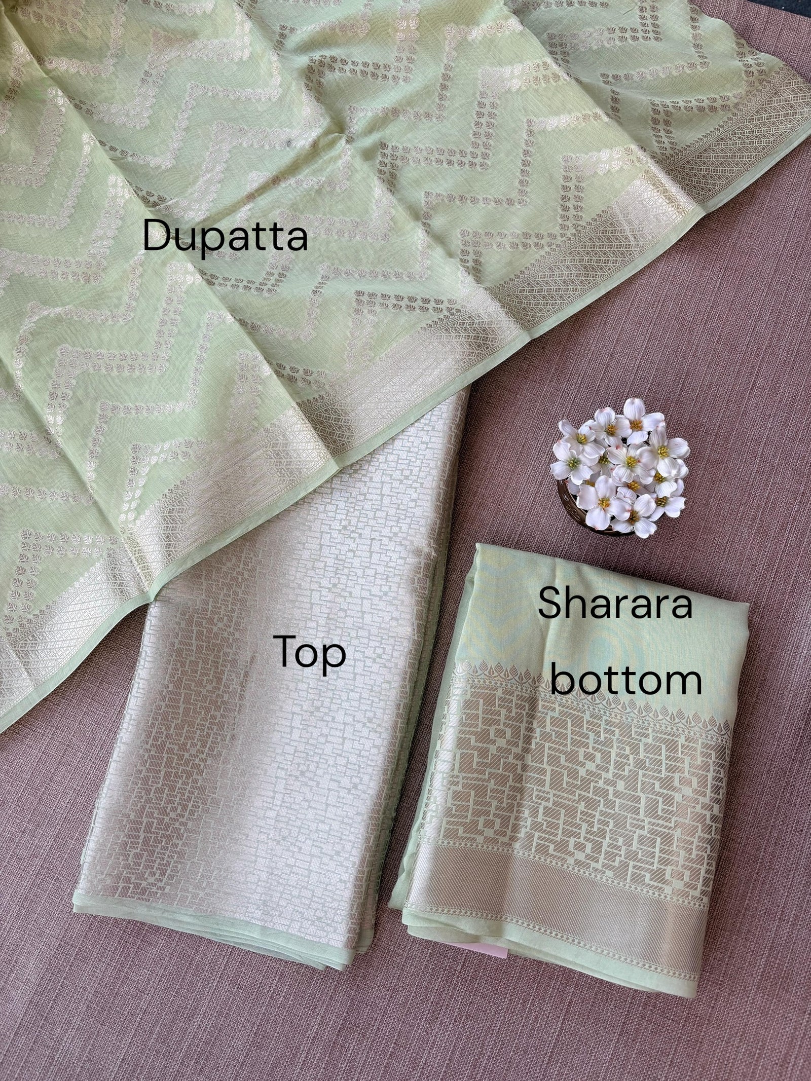 Mint Green Banarasi Mul Silk Brocade 3-pc Sharara Suit set : SS62J11