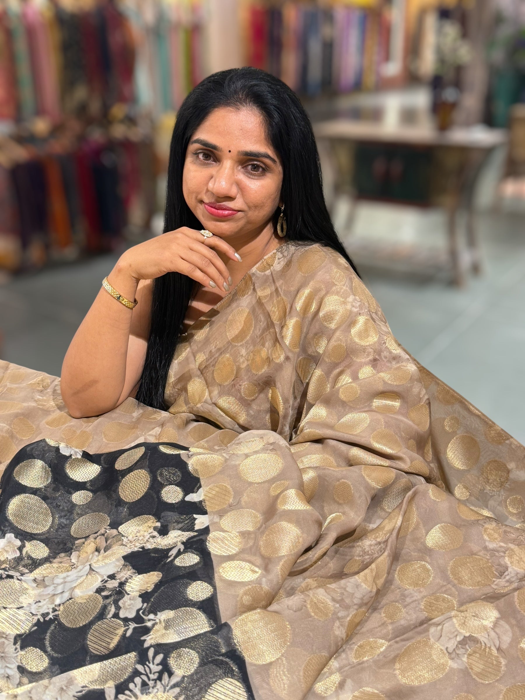 Chikoo Banarasi Kora Gorgette Polka dot Printed Saree
