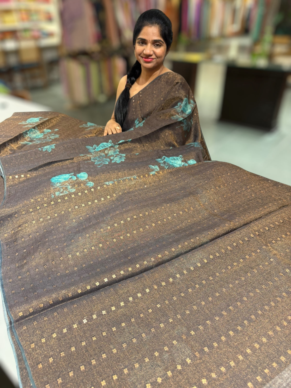 Darkest Brown Printed Tussar Tissue Saree
