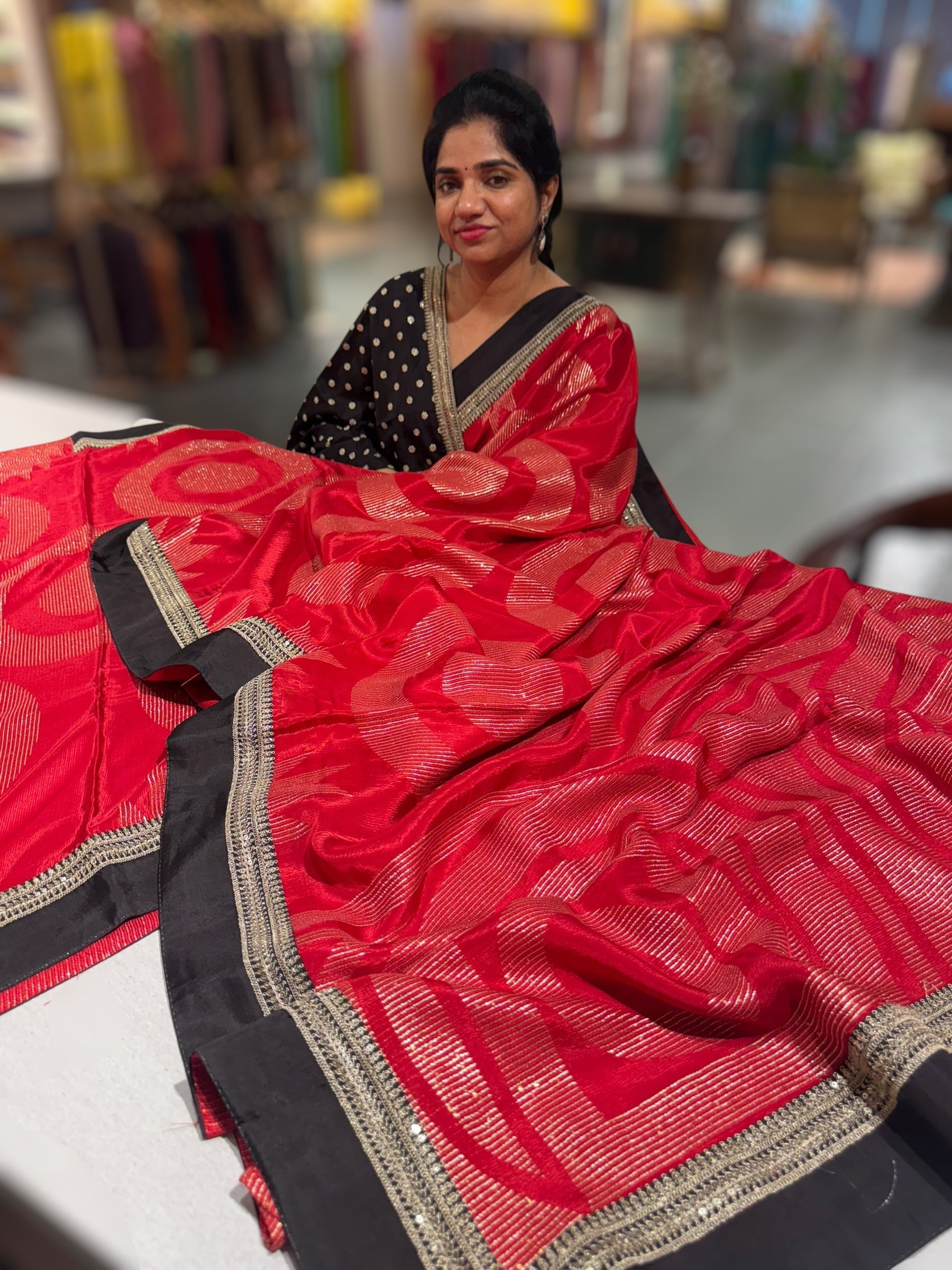 Red Crepe Silk Polka dot Saree with sabhyasachi Borders & Blouse