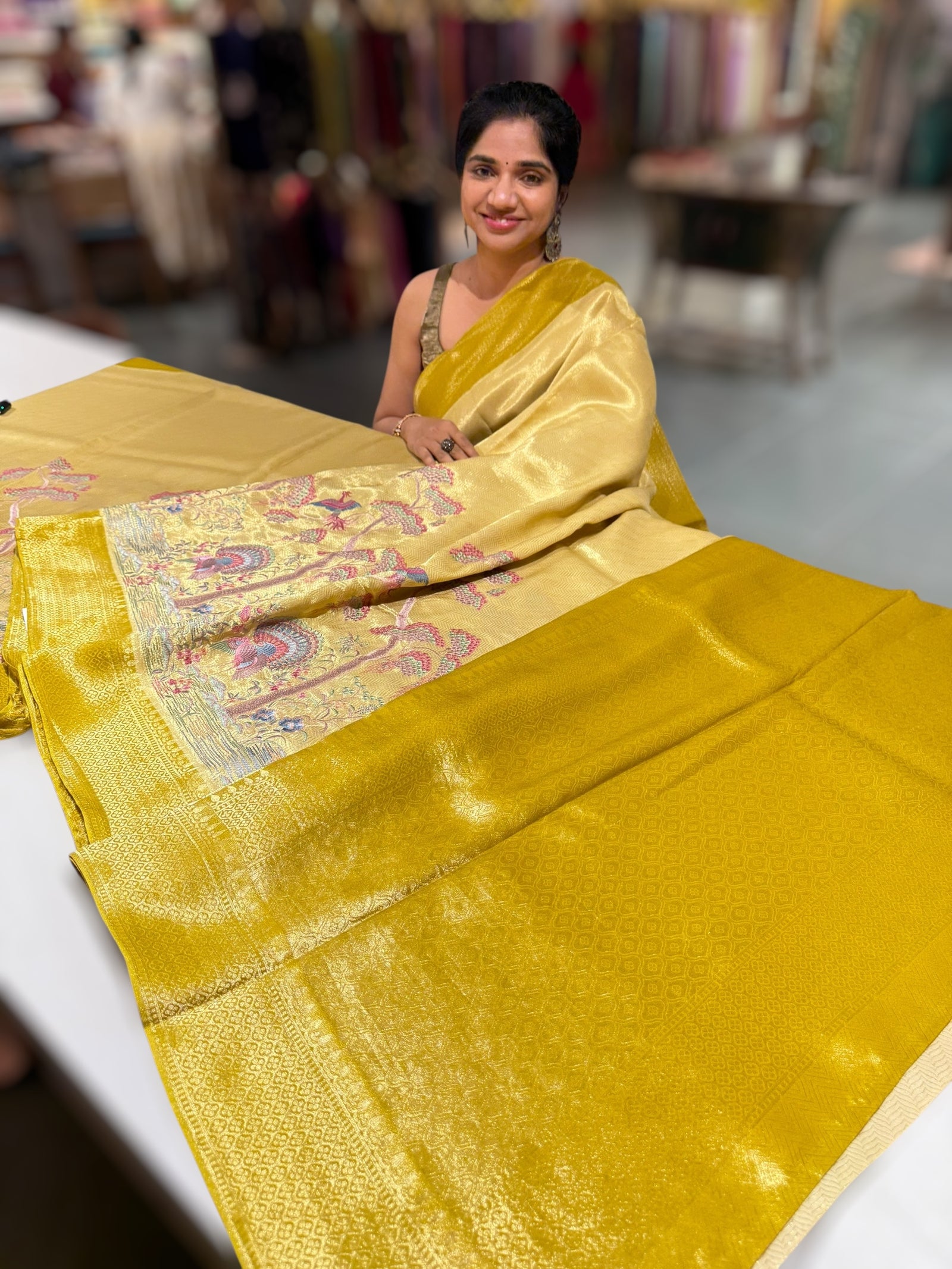 Yellow Banarasi Tonchoi Brocade Saree with Parsi Gara style embroidery
