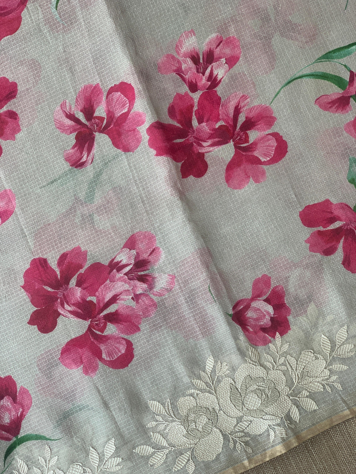 Dusty Grey Designer printed Silk kota saree with floral embroidered border