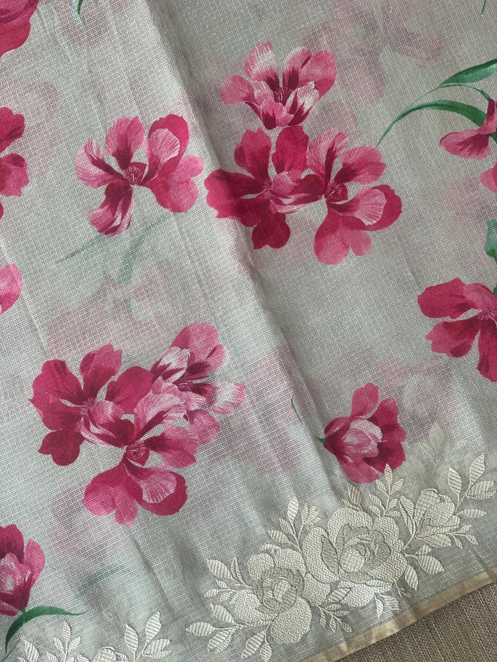 Dusty Grey Designer printed Silk kota saree with floral embroidered border