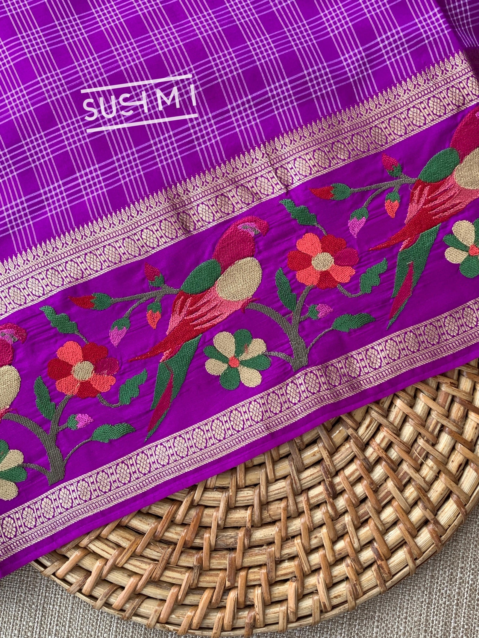 Majenta Vintage checks Kanjeevaram soft silk saree with embroidery D62F041