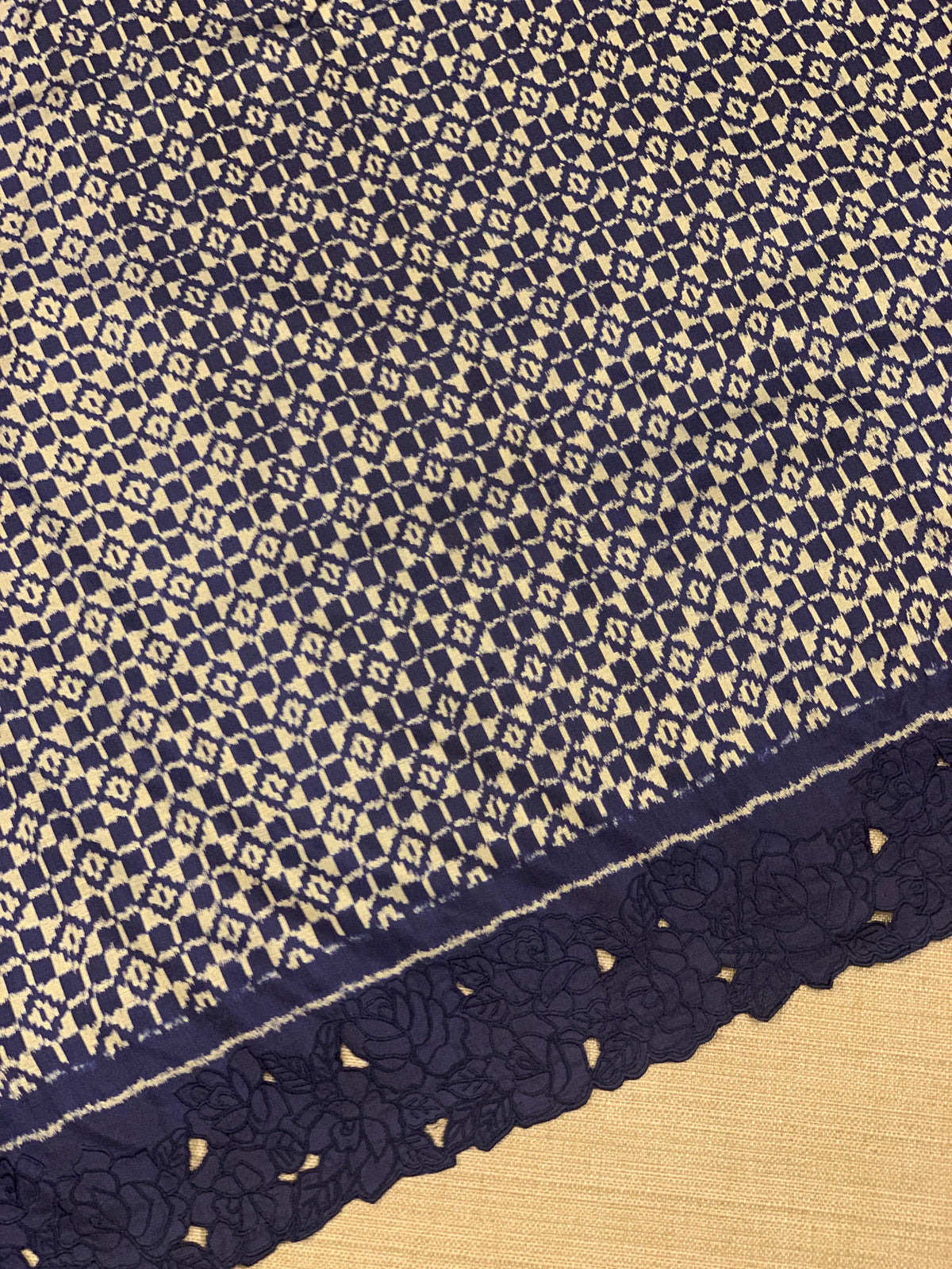 Midnight Blue Cambodian–inspired Ikkat Silk Saree with cutwork Rose Border