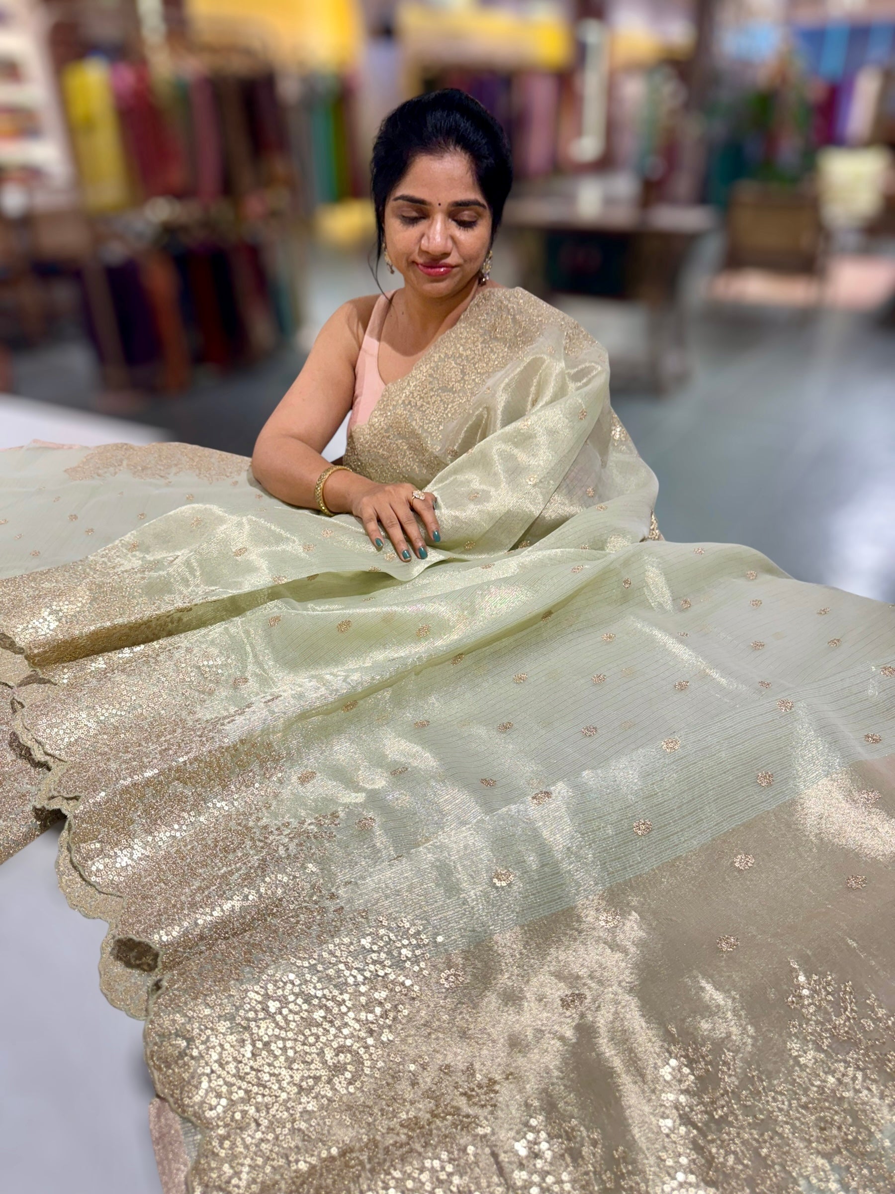 Mint Green Tissue Saree with Heavy Sequence Embroidered Scallop Border