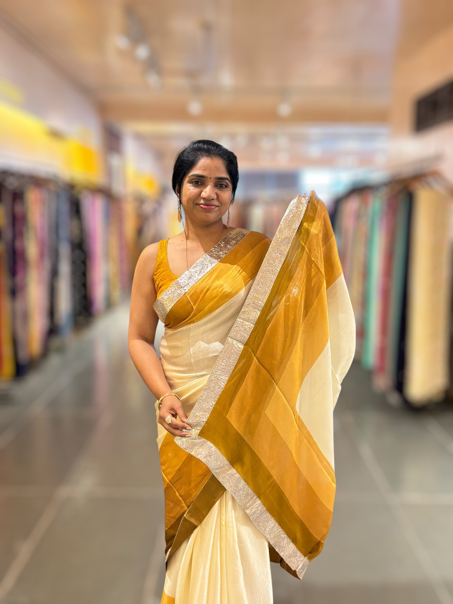 Ivory & mustard combo Chinnon Crepe Saree with Gotapatti Borders