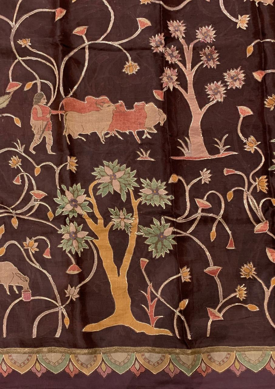 Brown Designer Organza Saree with Stunning Tissue Applique work Saree with Village theme