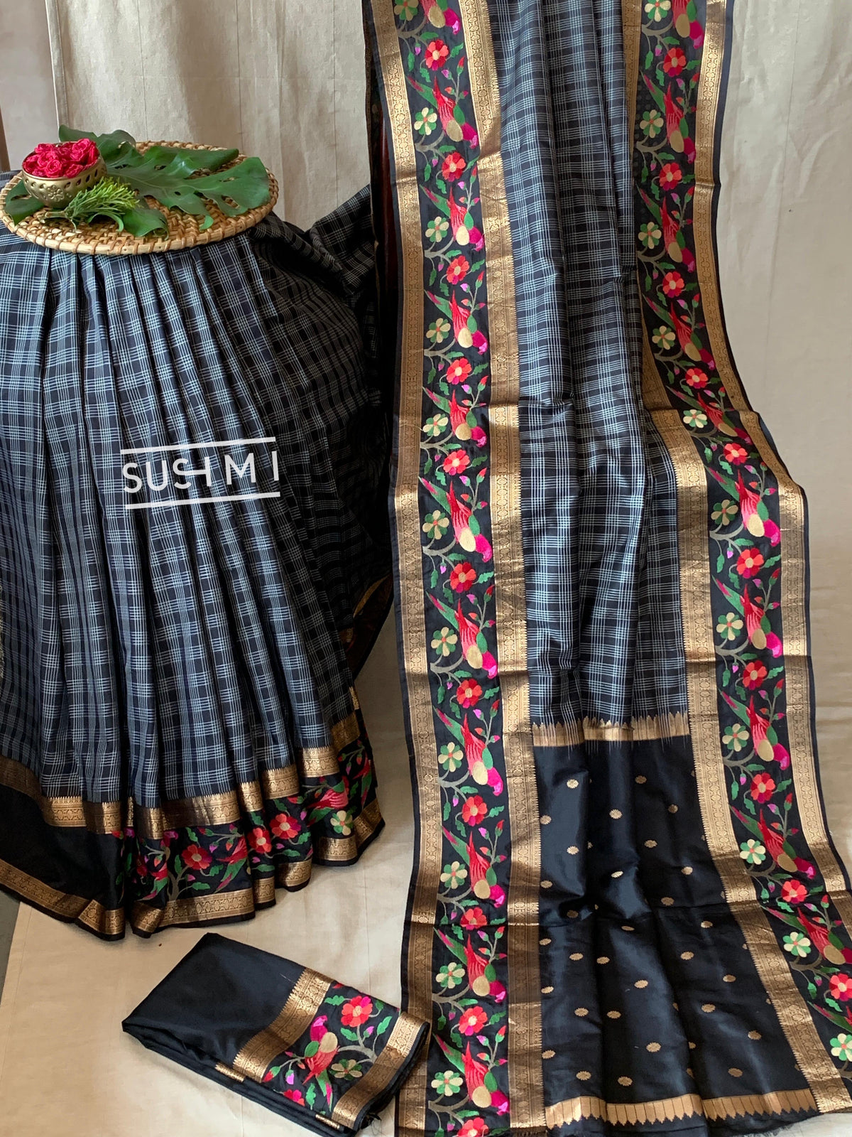 Black Vintage checks Kanjeevaram soft silk saree with embroidery D62F042