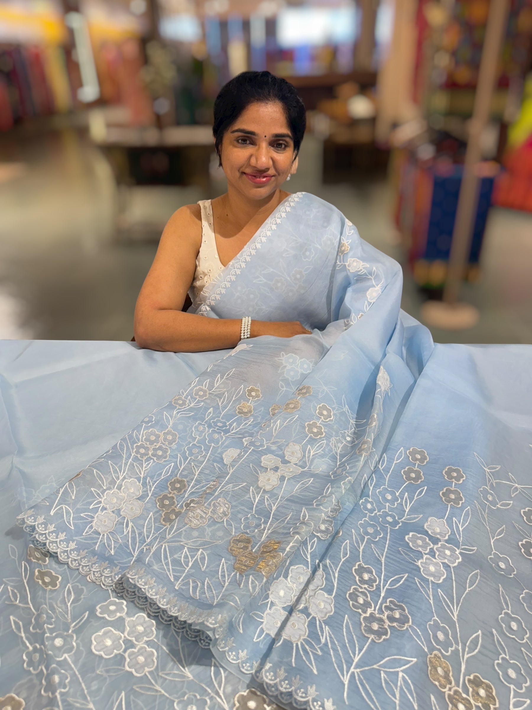 Light Cobalt Blue Organza Saree With Tissue Applique Work