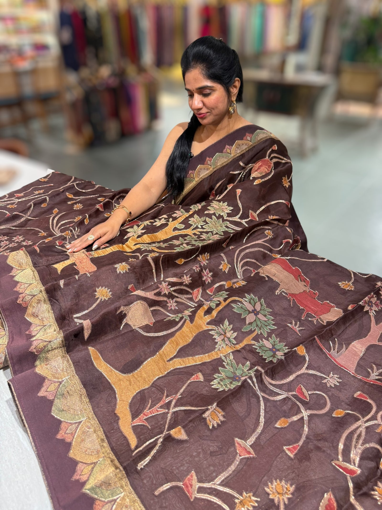 Brown Designer Organza Saree with Stunning Tissue Applique work Saree with Village theme