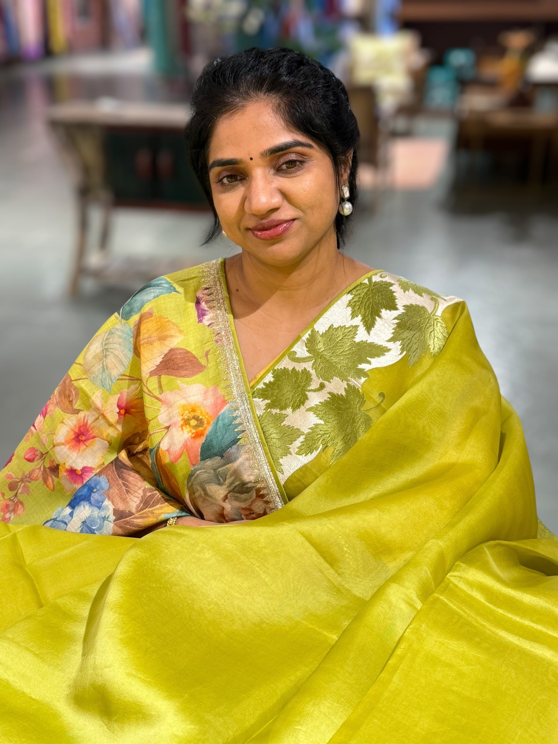 Lime Green Organza Saree with Stunning Leaf Embroidered Border