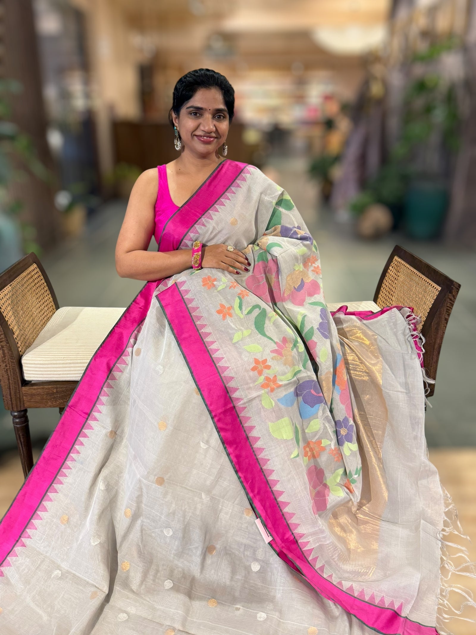 Light Grey Ponduru Khadi Saree with Dollar Buta, Rani Pink Temple Border & Jamda