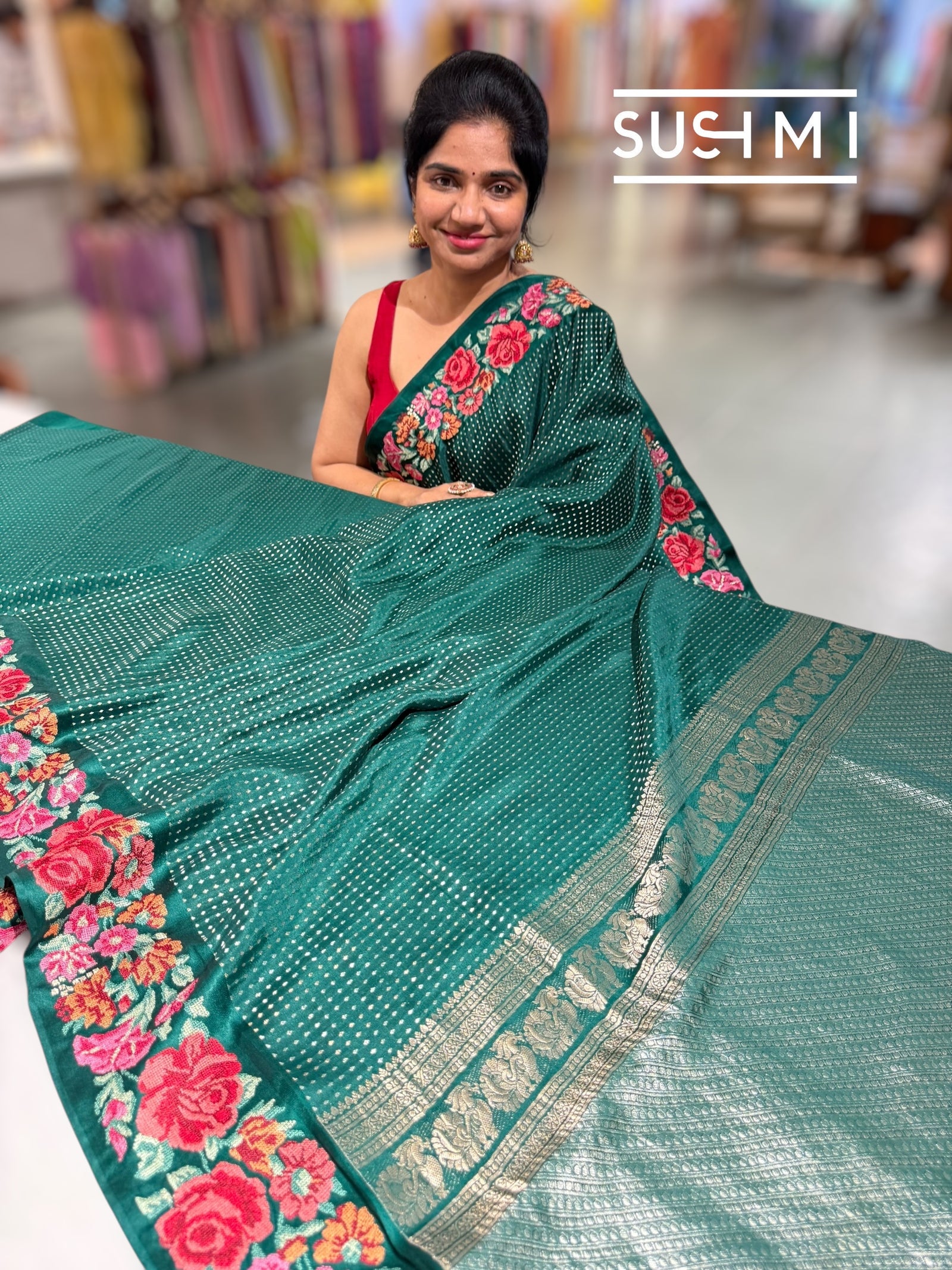 Bottle Green Mysore Silk Saree with petitepoint embroidery S62107