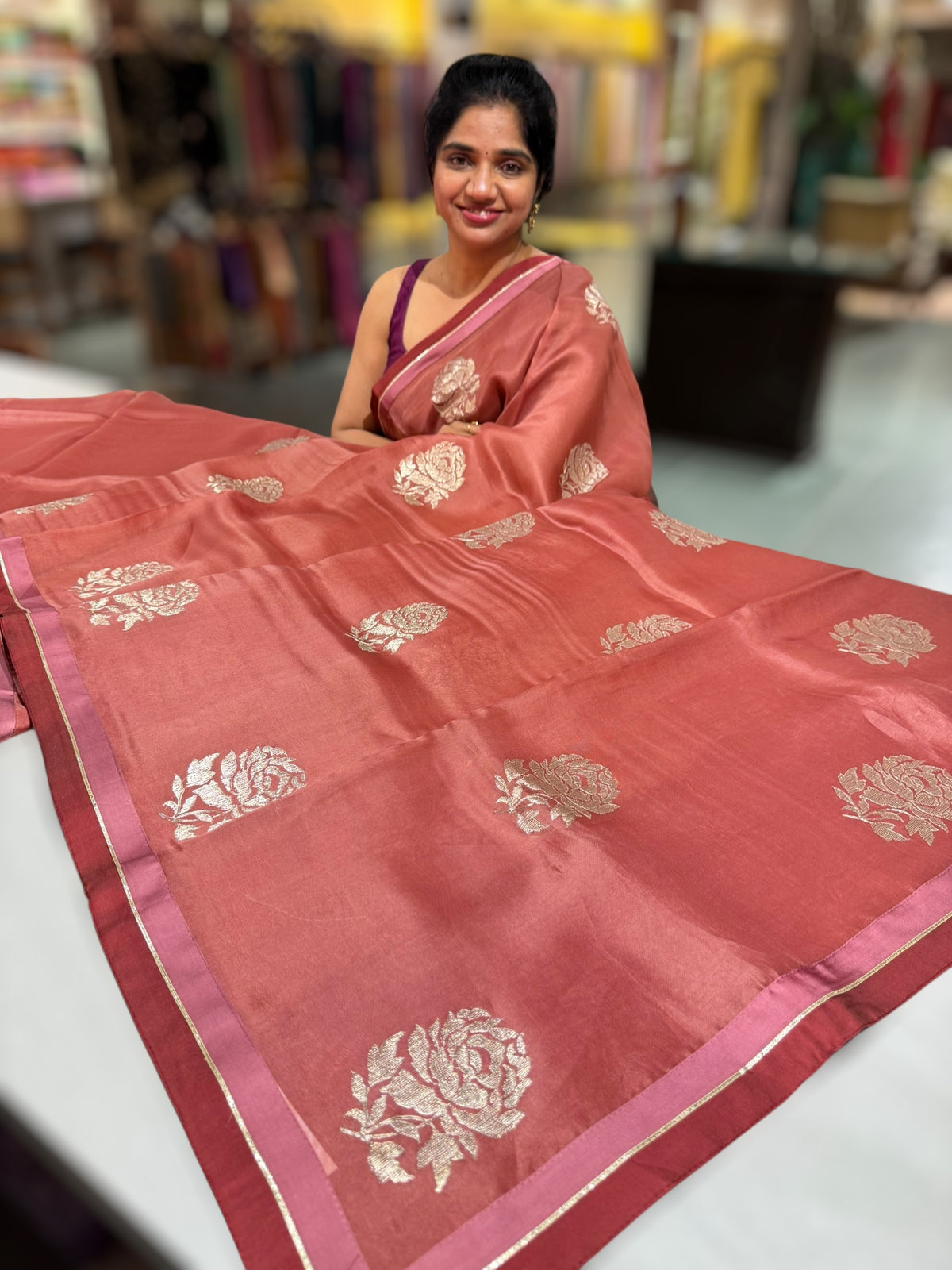 Terracota Color Pure Organza with embroidery