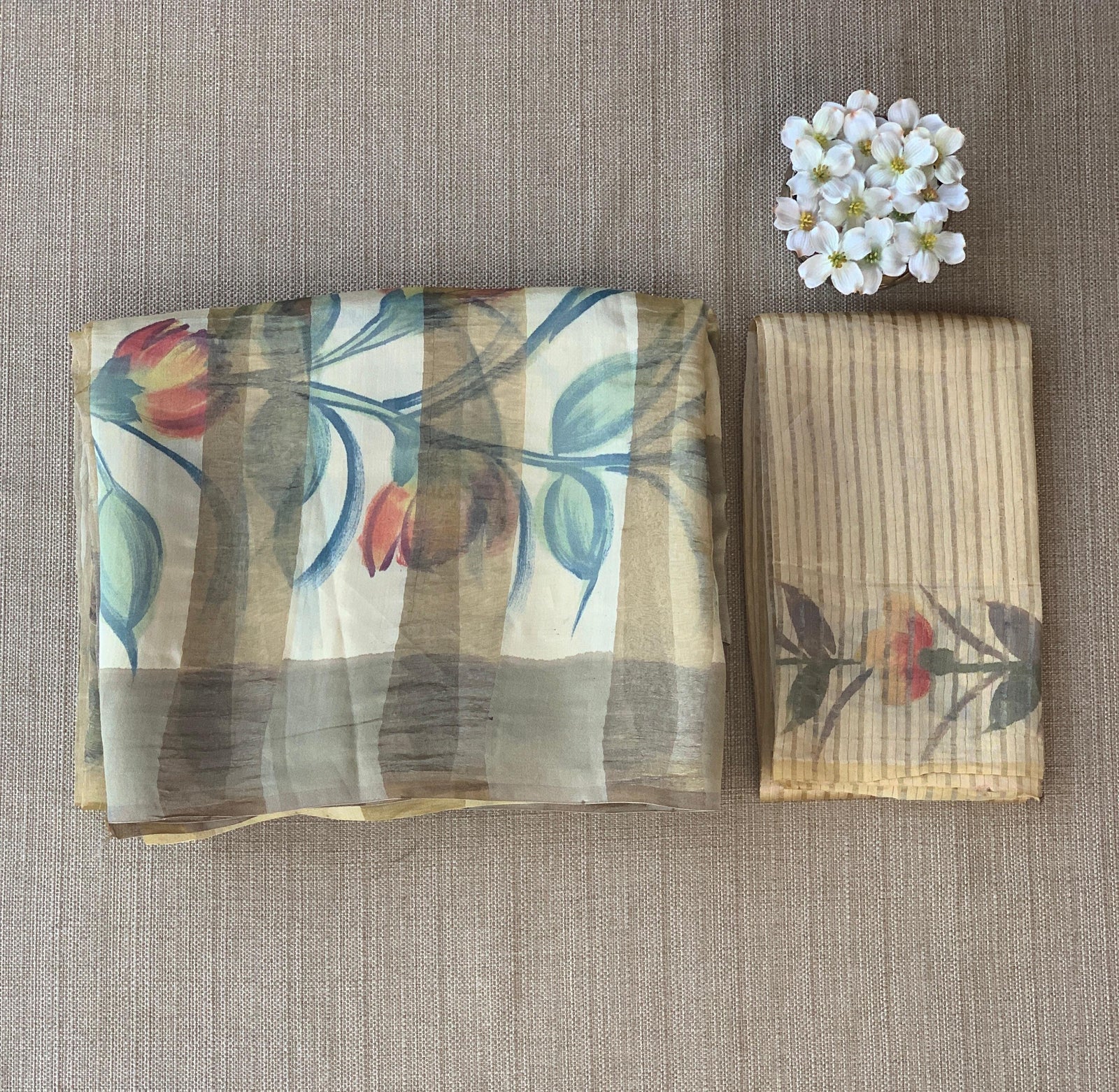 Mul silk handpainted Saree with tissue stripes and