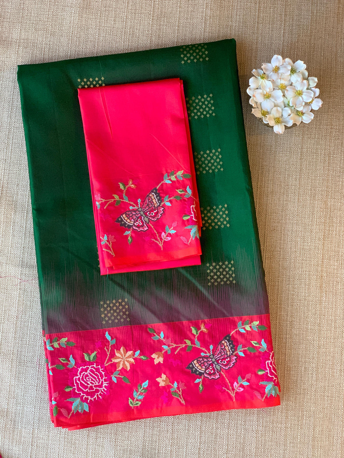 Bottle Green Kanchi Soft Silk Saree with petite point embroidered border