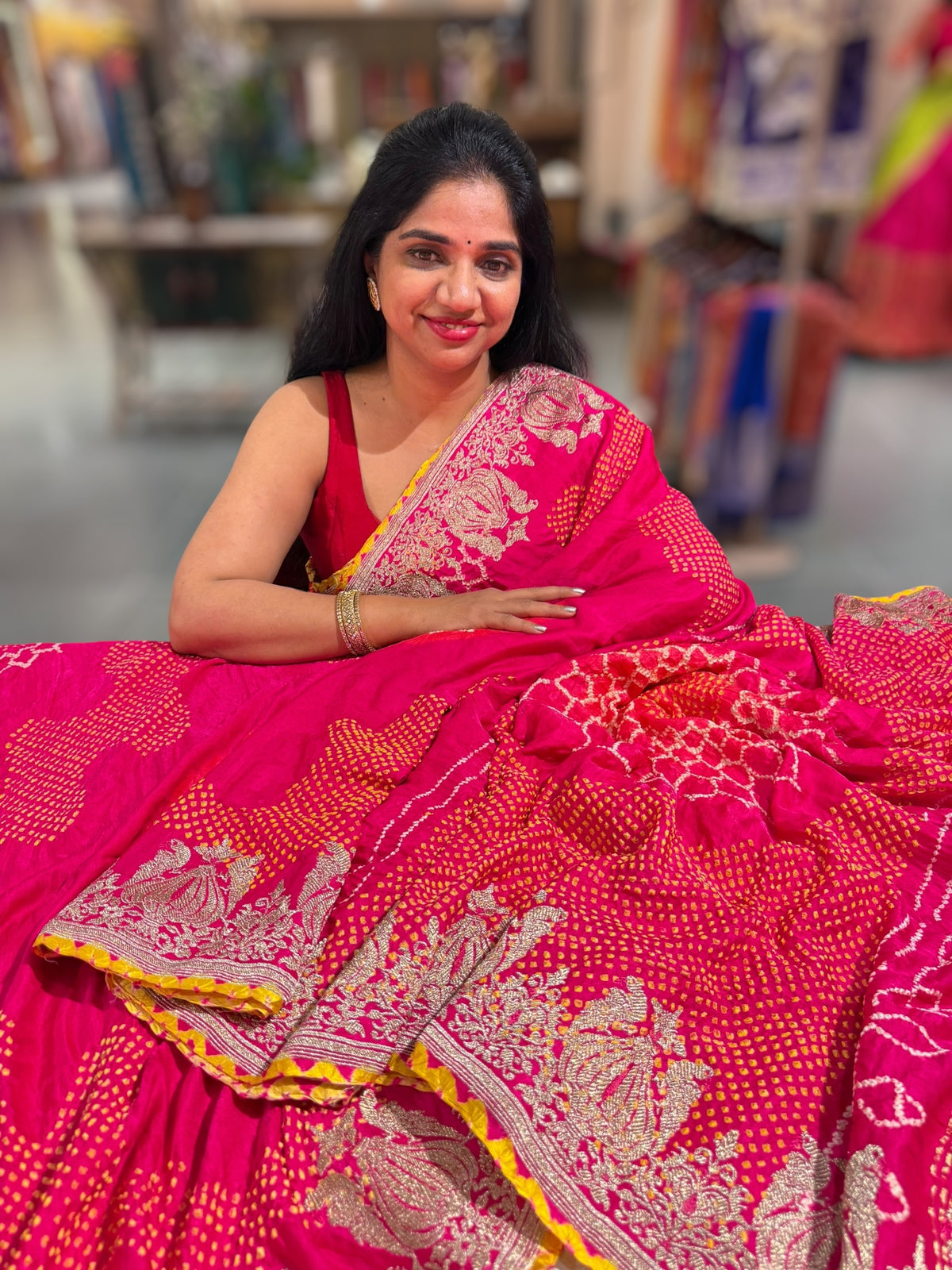 Fushcia Pink Designer Rai Bandhej Saree With Embroidered Border